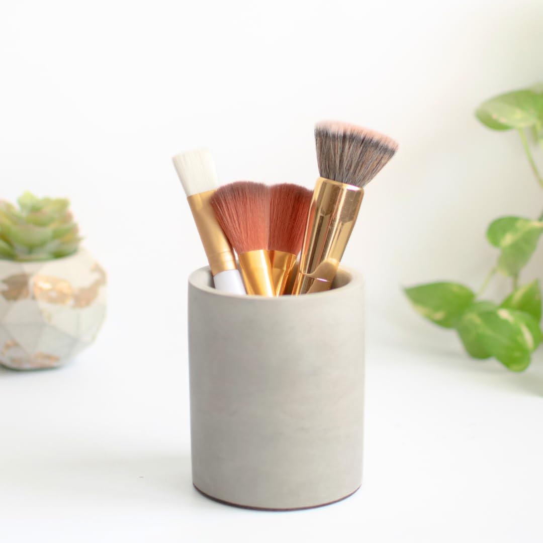 Dwell Dapper Ceramic Concrete Toothbrush Holder - Handcrafted Multi-Purpose Organizer for Bathroom & Office - Pen Holder, Remote Control Stand - Modern Grey Home Decor for Countertop & Desk Organization