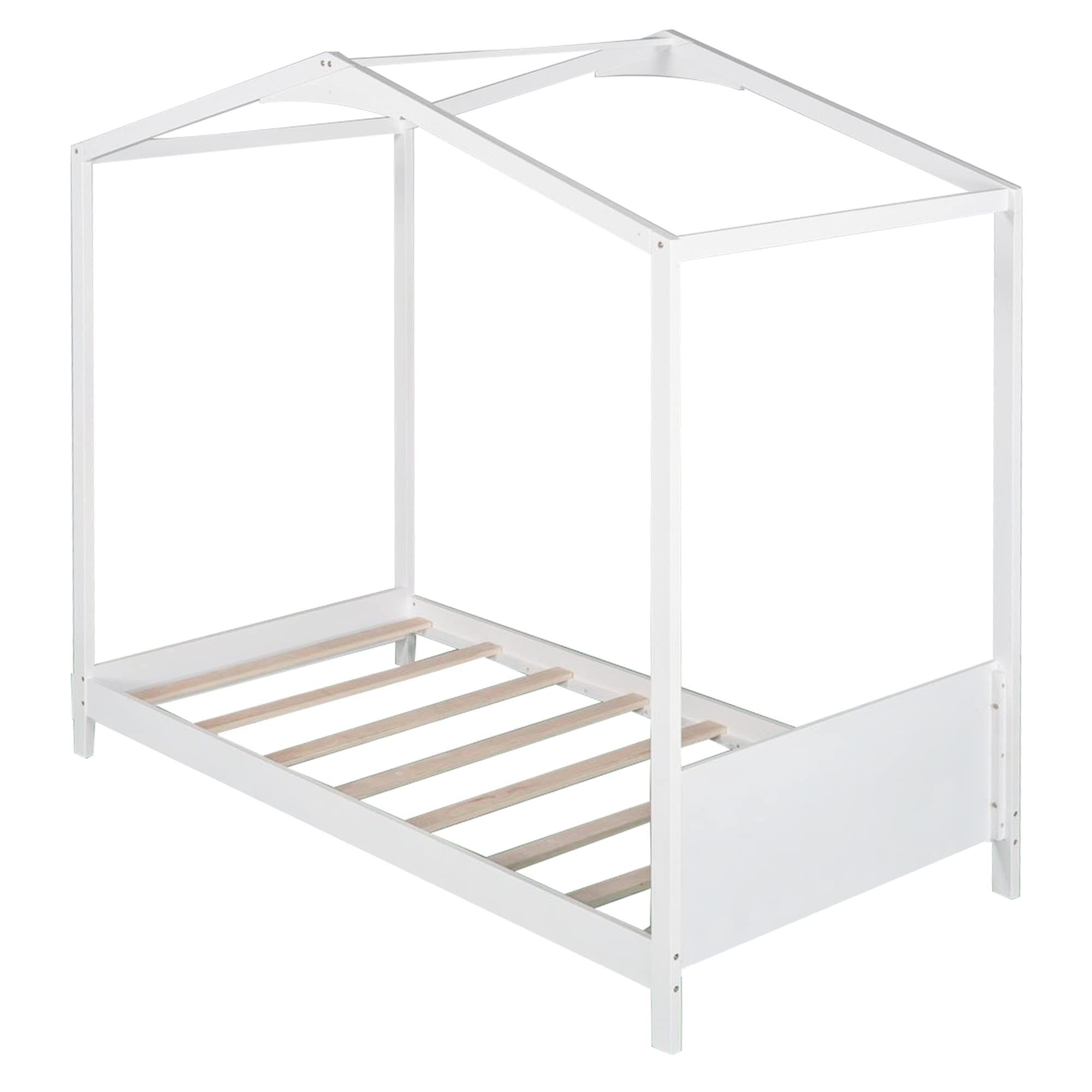 Twin House Bed for Kids - Wooden Low Platform Bed Frame with Headboard & Storage Footboard, No Box Spring Needed - DIY Decor Friendly - Perfect for Kids' Bedroom, Playroom or Nursery (White)
