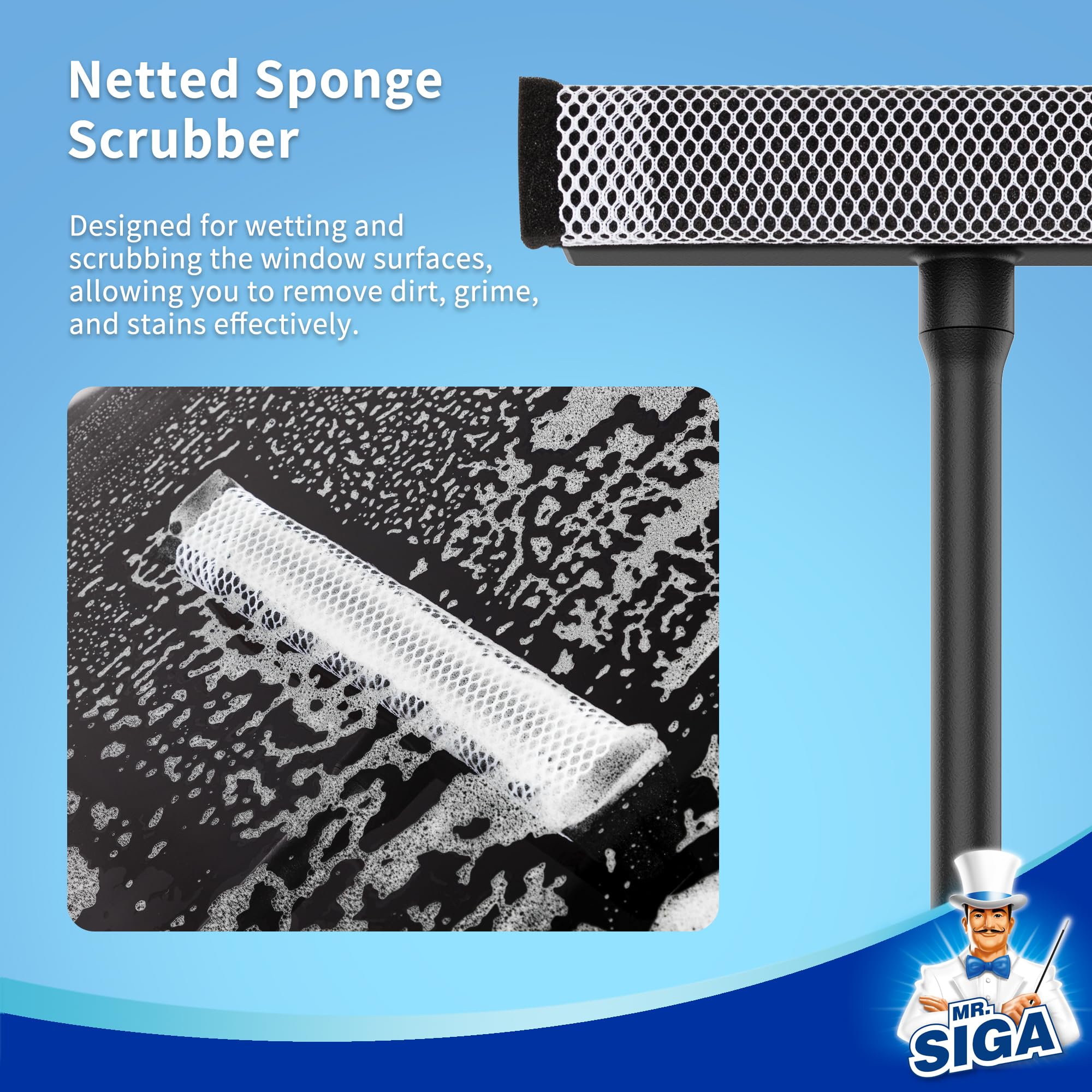 MR.SIGA Professional Car Window Squeegee - 2 in 1 Windshield Cleaner with Rubber Blade & Sponge Scrubber, Ergonomic Handle for Streak-Free Cleaning - Perfect for Car Wash, Home Windows & Glass Surfaces