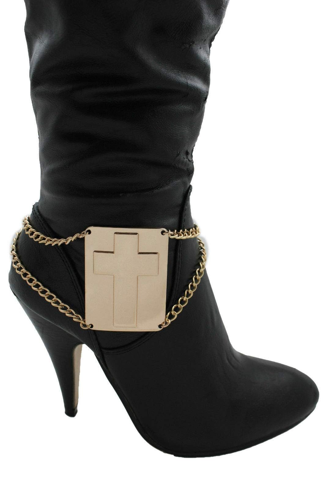 Western Women's Boot Bracelet - Gold Metal Chain Link Cross Plate Ankle Jewelry - Chunky Statement Bangle for Cowgirl Fashion & Country Music Festivals