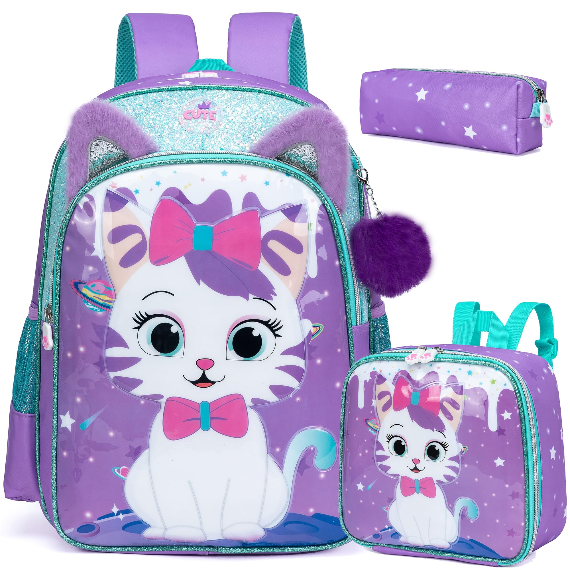 Cute Cat Backpack for Girls - Lightweight School Backpack with Lunch Box Compartment | Durable Kids Bookbag for Elementary, Middle School & Travel | Perfect for School Supplies, Day Trips & Outdoor Adventures
