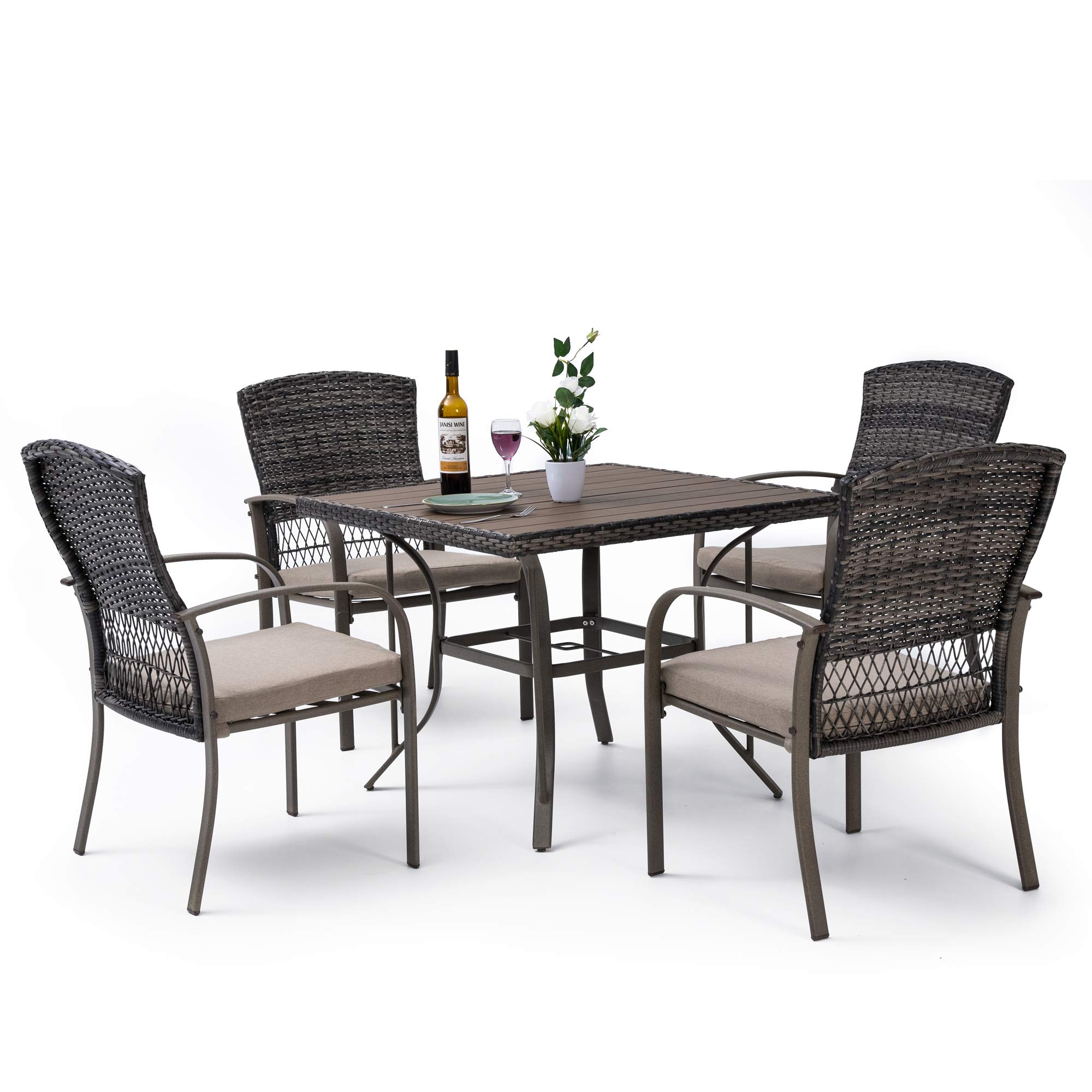 Pamapic 5-Piece Outdoor Patio Dining Set - Weather-Resistant PE Rattan Table & Chairs with Comfortable Cushions - Easy to Maintain Beige Furniture for Garden, Backyard, Poolside & Terrace