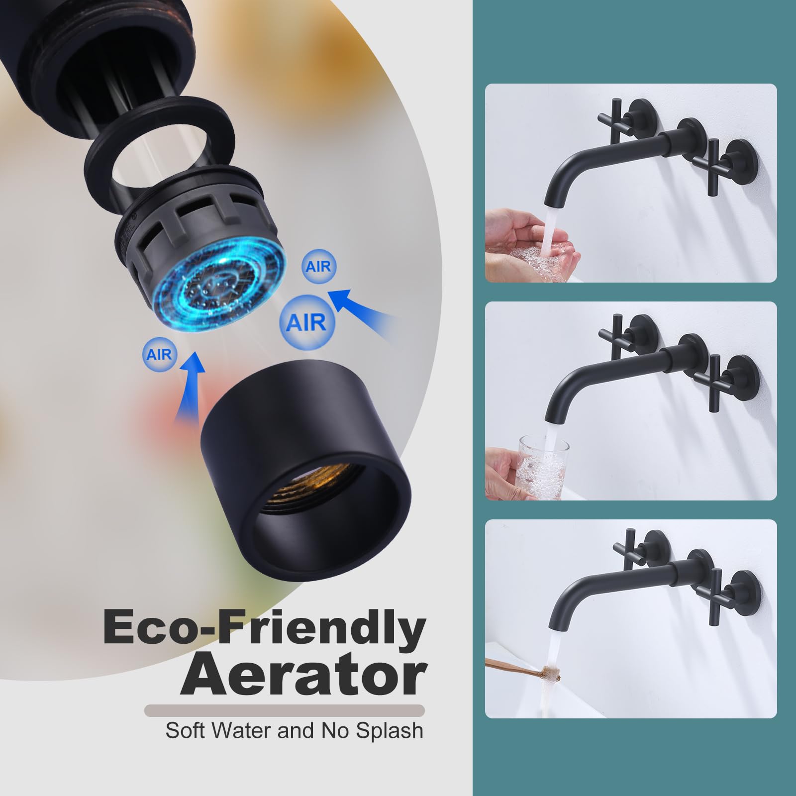 ARCORA Matte Black Wall Mount Bathroom Faucet - 2 Handle Vessel Sink Faucet with Rough-in Valve, Widespread 3 Hole Bathroom Sink Faucet for Modern Vanity & Luxury Home Decor