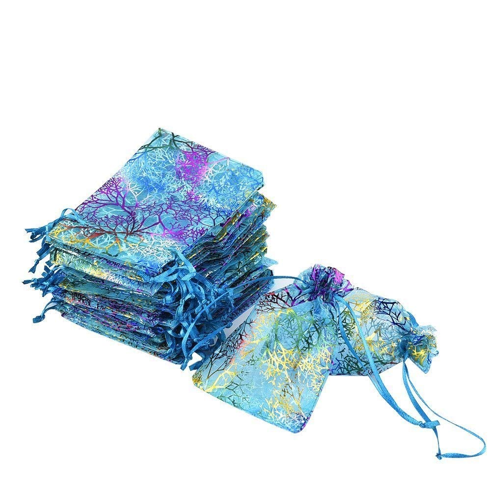 Premium 100-Piece Organza Drawstring Gift Bags Set - Christmas Candy Jewelry Party Wedding Favor Pouches in Elegant Blue Coral Pattern (79cm Height) - Perfect for Holiday Gifting, Bridal Showers & Special Occasions