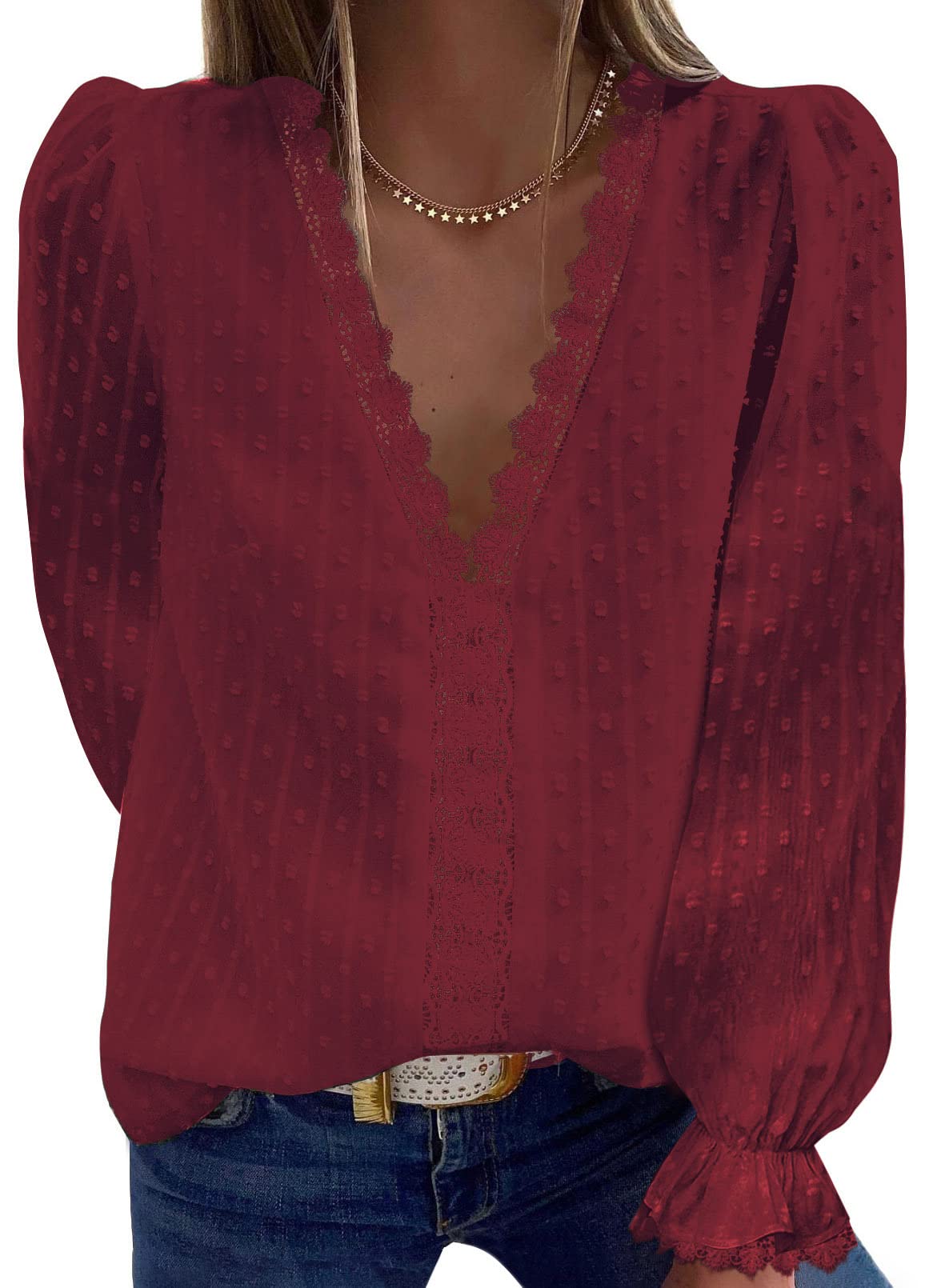 SHEWIN Women's V Neck Lace Crochet Boho Tops - Flowy Casual Blouse Shirts for Summer Beach, Music Festival & Boho Chic Outfits
