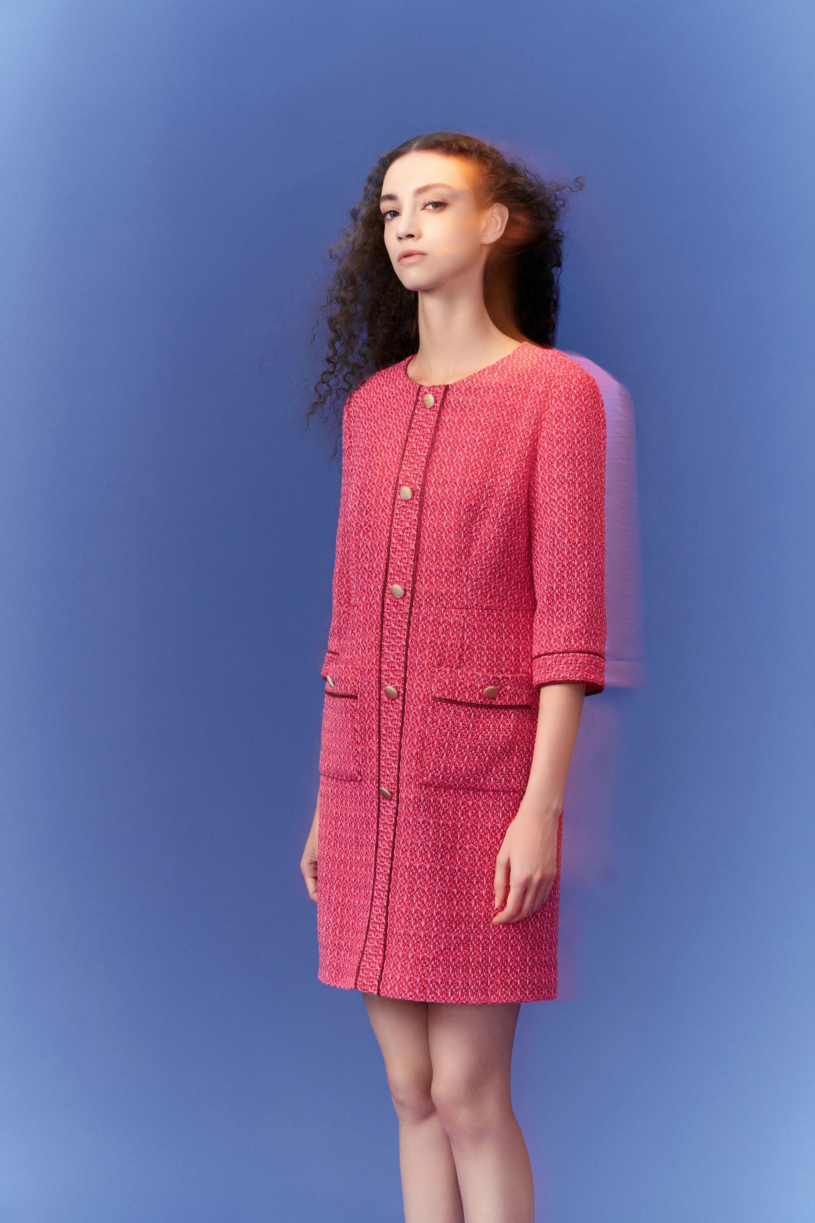 Stylish Fuchsia Pink Patch Pocket Tweed Dress for Women - Perfect for Office Wear, Cocktail Parties & Special Occasions