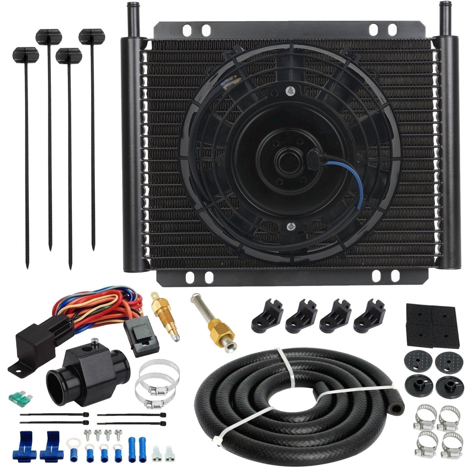 23 Row Transmission Oil Cooler with Electric Fan - In-Hose Grounding & Temperature Switch Kit for Enhanced Performance & Durability - Ideal for Off-Road, Towing & High-Performance Vehicles