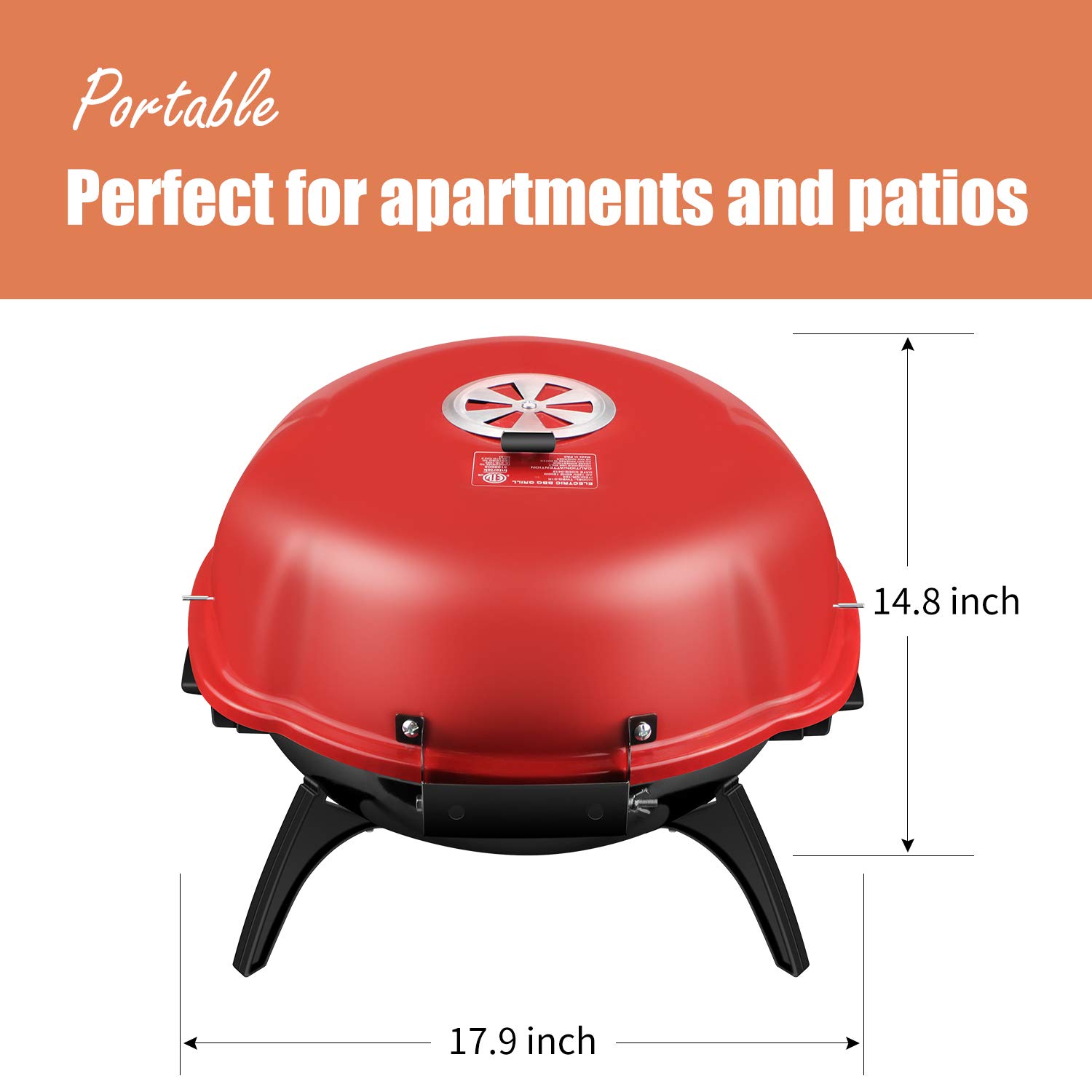 Techwood 1600W Electric Grill for Indoor & Outdoor Use - Portable Tabletop BBQ Grill with Removable Parts (Red) - Perfect for Backyard, Camping & Small Space Cooking