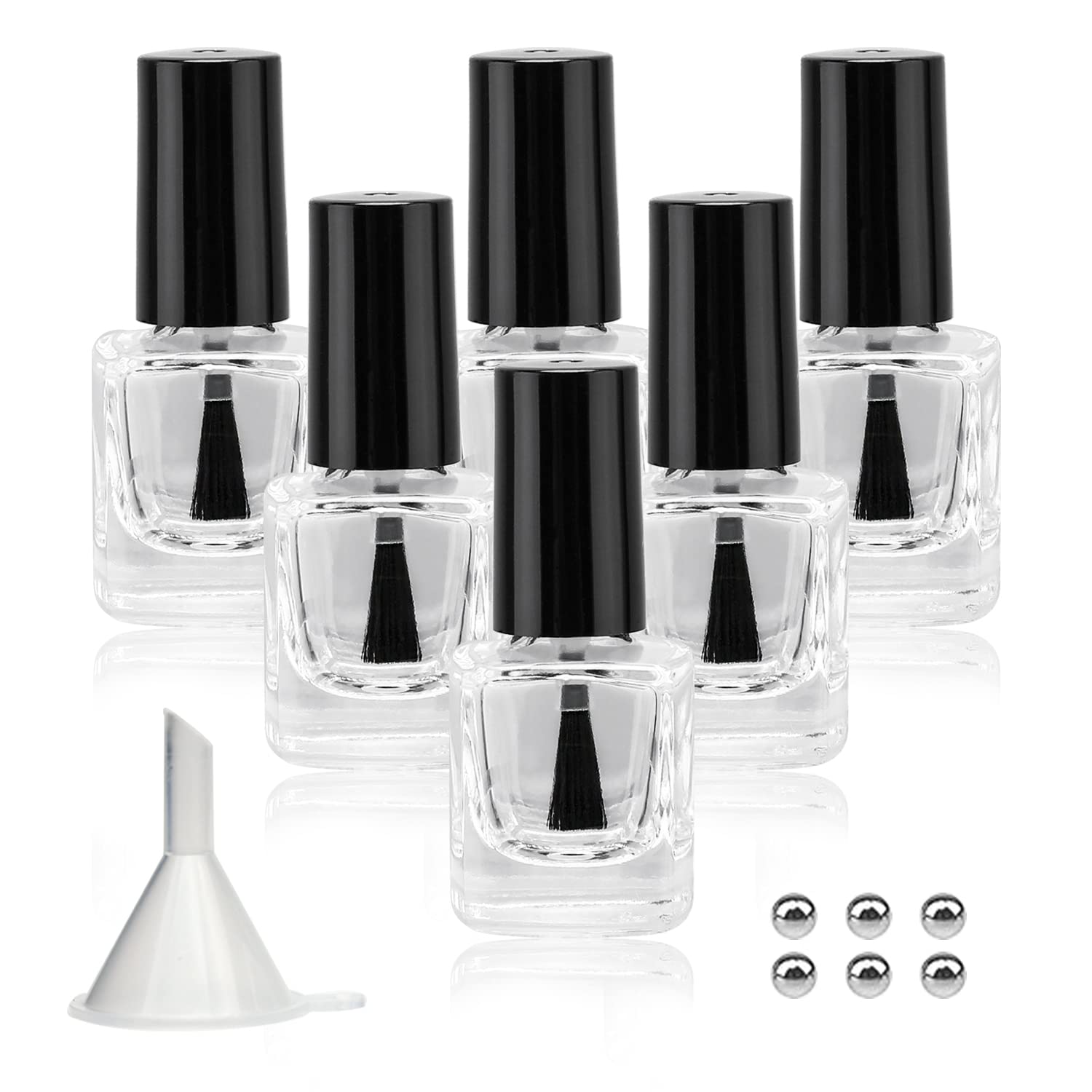 6PCS Empty Nail Polish Bottles with Funnel - 5ML Glass Rectangle Bottles with Brush & Mixing Balls for DIY Nail Art, Custom Polish, Nail Salon Supplies - Perfect for Home Nail Care, Professional Salon Use & Gift Packaging
