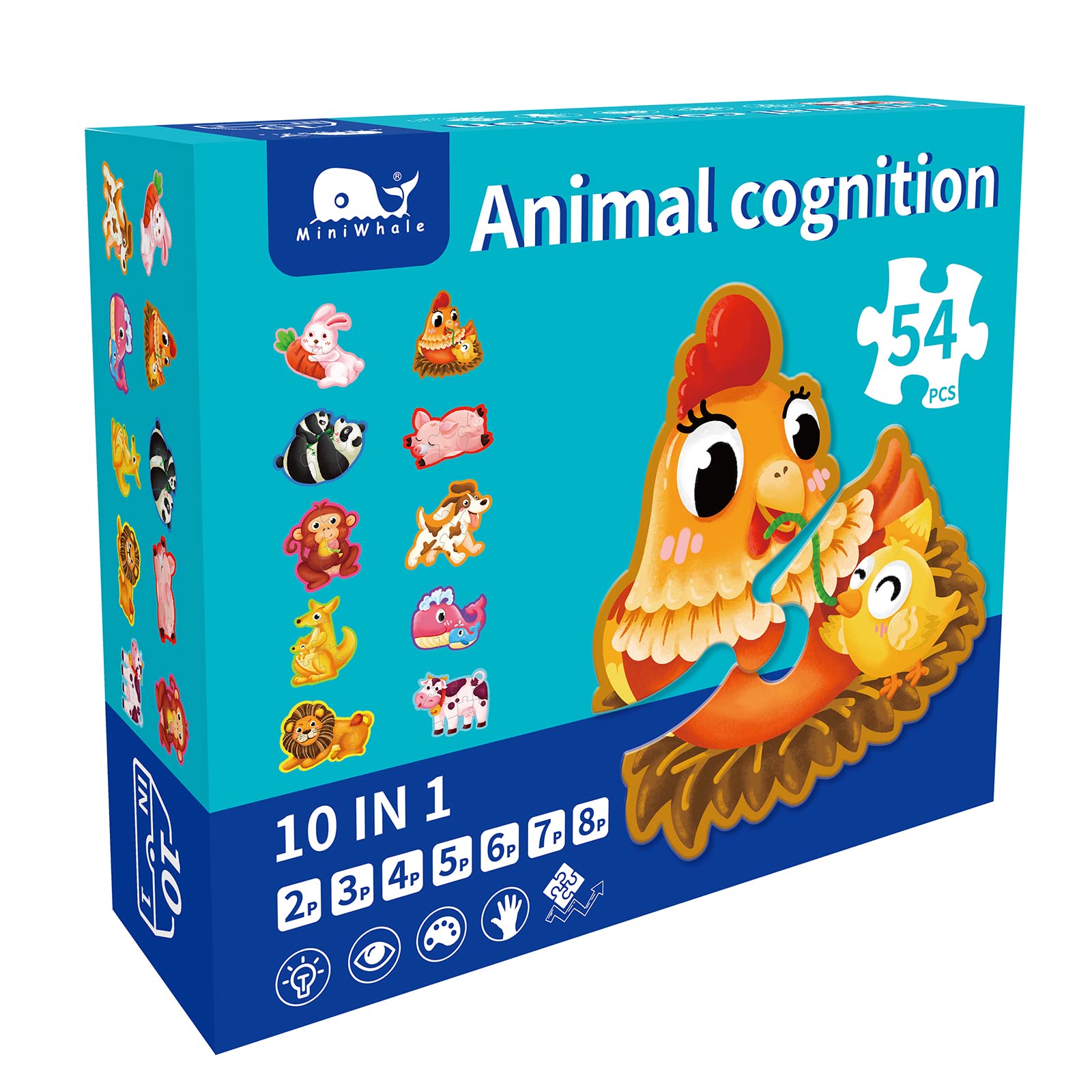 MINIWHALE 54-Piece Animal Floor Jigsaw Puzzles for Kids - Educational Preschool Toys & Gift for Boys & Girls (10 Fun Animal Shapes) - Perfect for Toddler Learning, Birthday Gifts & Classroom Activities