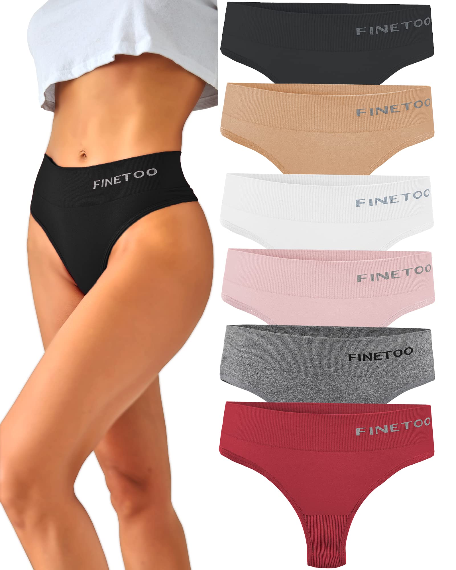 FINETOO 6 Pack High Waisted Thongs for Women - Nylon Spandex Underwear, Breathable Soft Stretchy Panties, High Rise S-XL - Perfect for Everyday Wear, Yoga & Workout