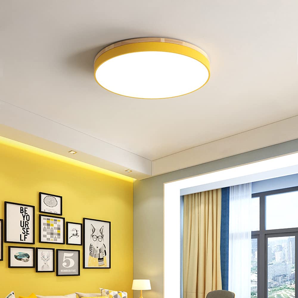 Ultra Thin Round Flush Mount LED Ceiling Light with Wooden Frame - 3 Color Temperature Dimmable with Remote Control - Perfect for Kitchen, Living Room, Bedroom & Hallway Lighting