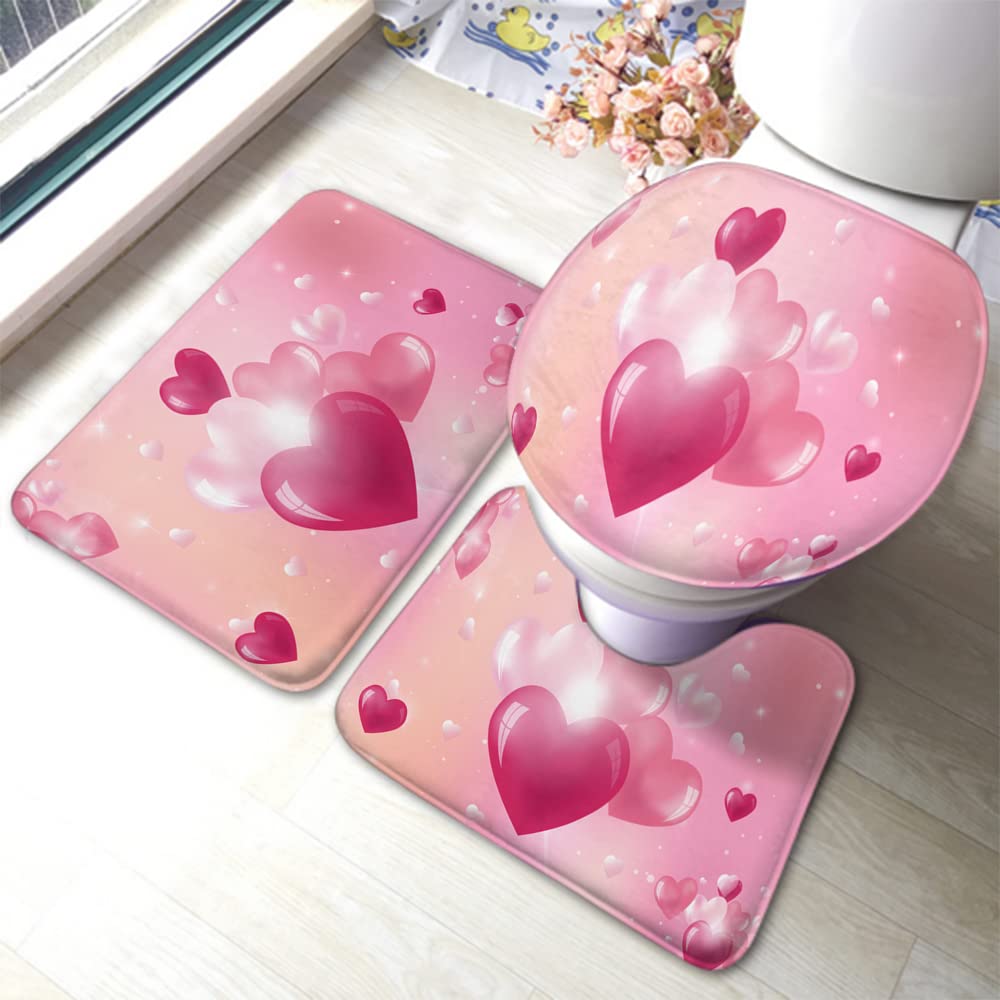 Zaueky Pink Heart 3-Piece Bathroom Rug Set - Non-Slip Bath Mat, U-Shaped Contour Rug & Toilet Lid Cover - Romantic Love Hearts Design for Bathroom Decor - Perfect for Valentine's Day, Bridal Shower & Master Bathroom Makeover