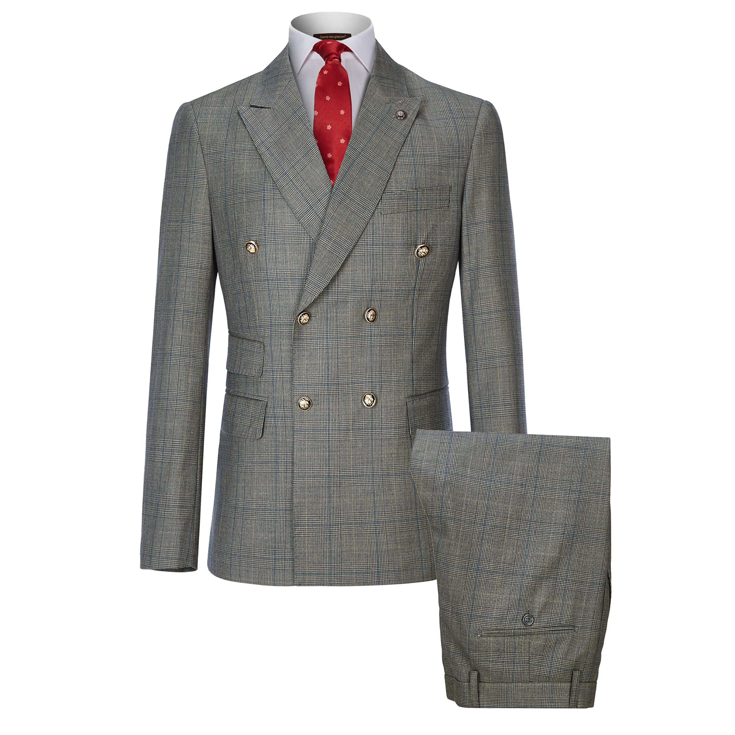 Men's Slim Fit Plaid Double Breasted 2-Piece Suit Set - Blazer & Pants for Wedding, Party & Formal Events | Cenne Des Graoom Tuxedo