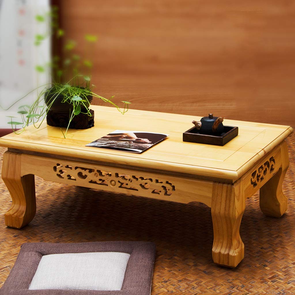 Hand-Carved Solid Wood Coffee Table - Small Rectangular Low Tatami Table for Living Room, Balcony & Bay Window - Multi-Functional Japanese Style Coffee Table for Tea Ceremony, Reading Nook & Home Decor