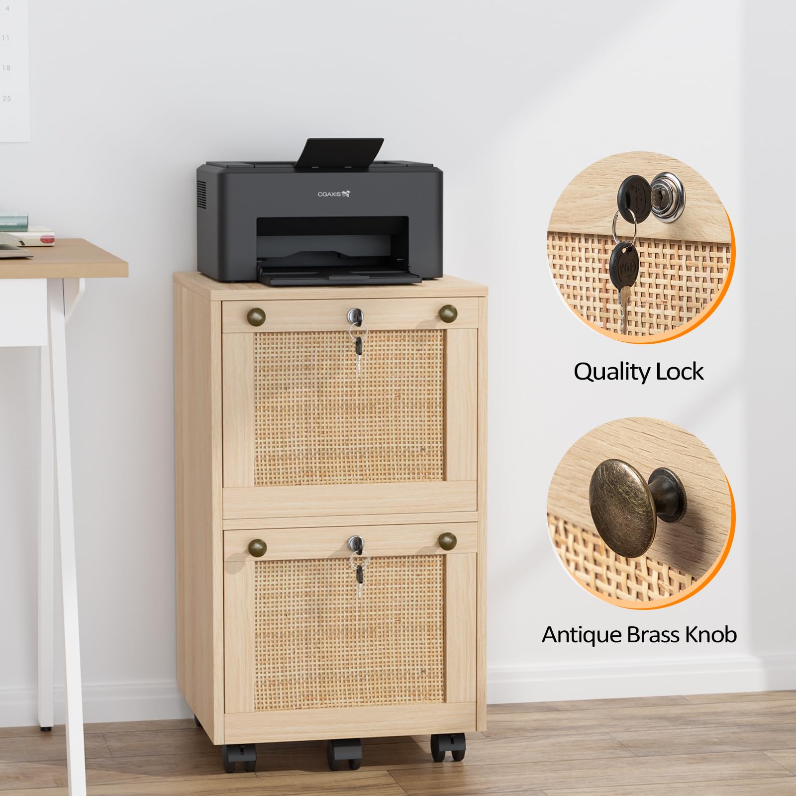 VINGLI 2-Drawer Locking File Cabinet with Wheels - Rolling Office Storage for Home & Workspace, Small Wood Rattan Oak File Organizer Under Desk, Printer Stand for Folders with Tabs - Perfect for Home Office, Study Room & Small Business Organization