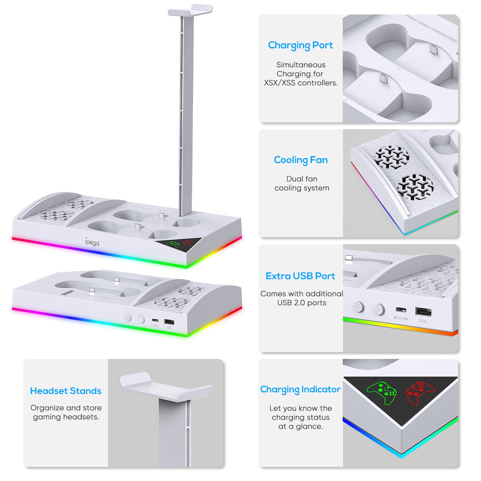 Upgraded RGB Cooling Fan Charging Station for Xbox Series S Console & Controller - Dual Charger Dock Cooler System Stand with 15 Colorful LED Light Modes, Includes 2x1400mAh Rechargeable Batteries (White) - Perfect for Gaming Setup & Accessories Organization