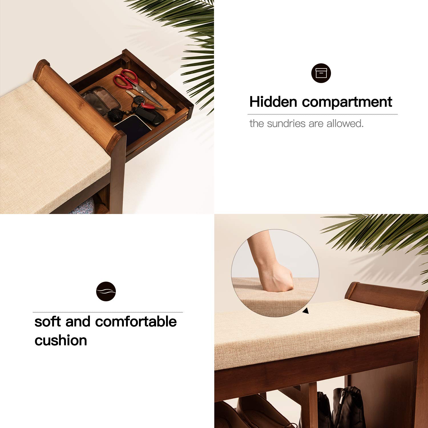 2-Tier Bamboo Shoe Rack Bench with Removable Cushion, Storage Shelf & Umbrella Stand - Entryway Organizer with Drawer for Shoes, Boots & Accessories - Perfect for Hallway, Living Room, Bathroom or Bedroom Storage Solution