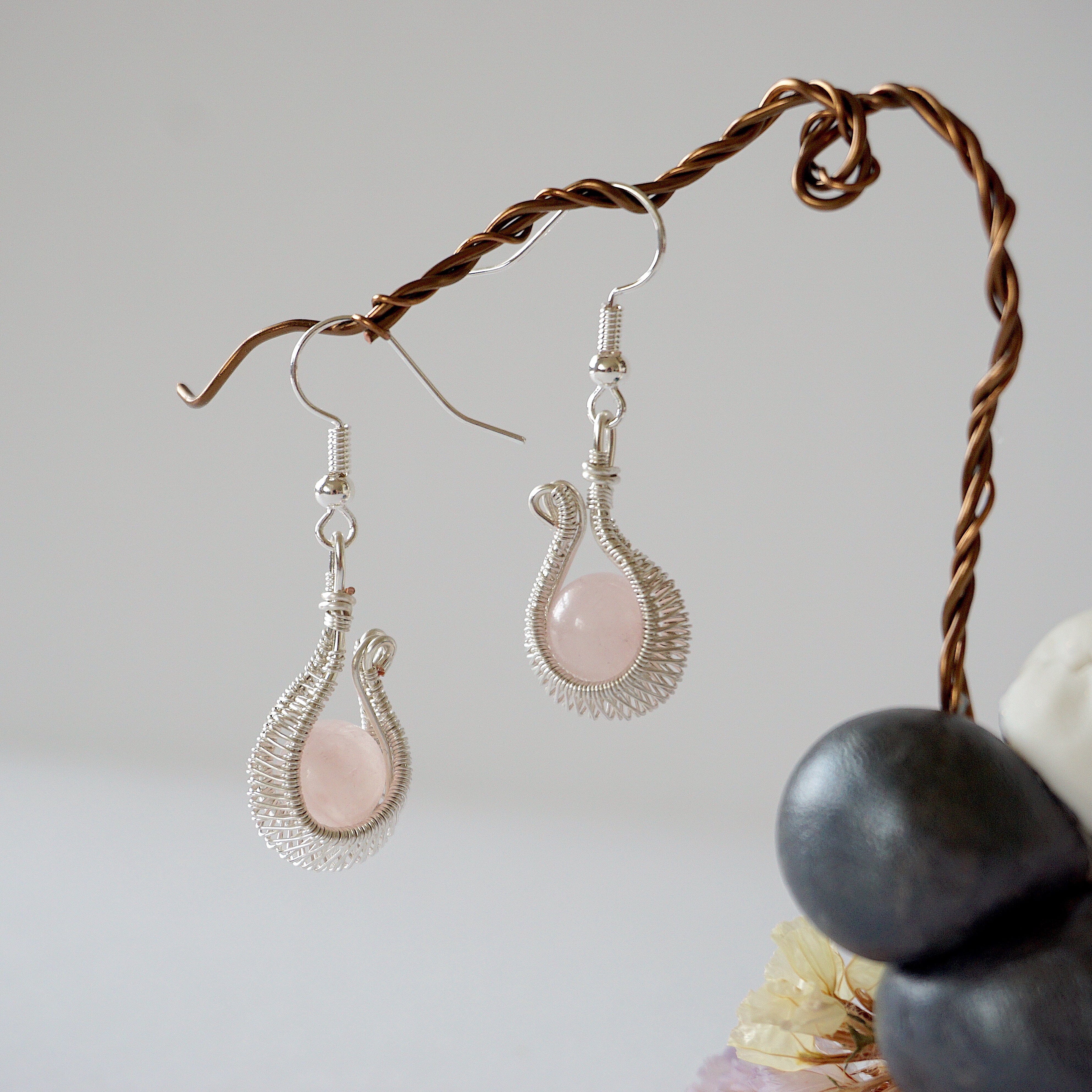 Rose Quartz Hoop Earrings - Silver Plated Cradle Design for Women | Healing Crystal Jewelry for Everyday Wear & Spiritual Wellness