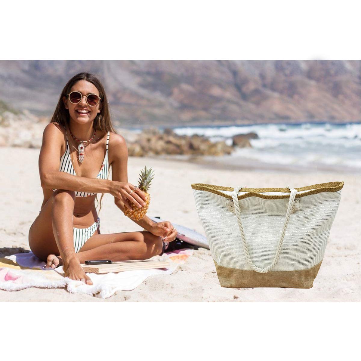 Straw Beach Tote Bag for Women with Zipper - Gym, Pool & Travel