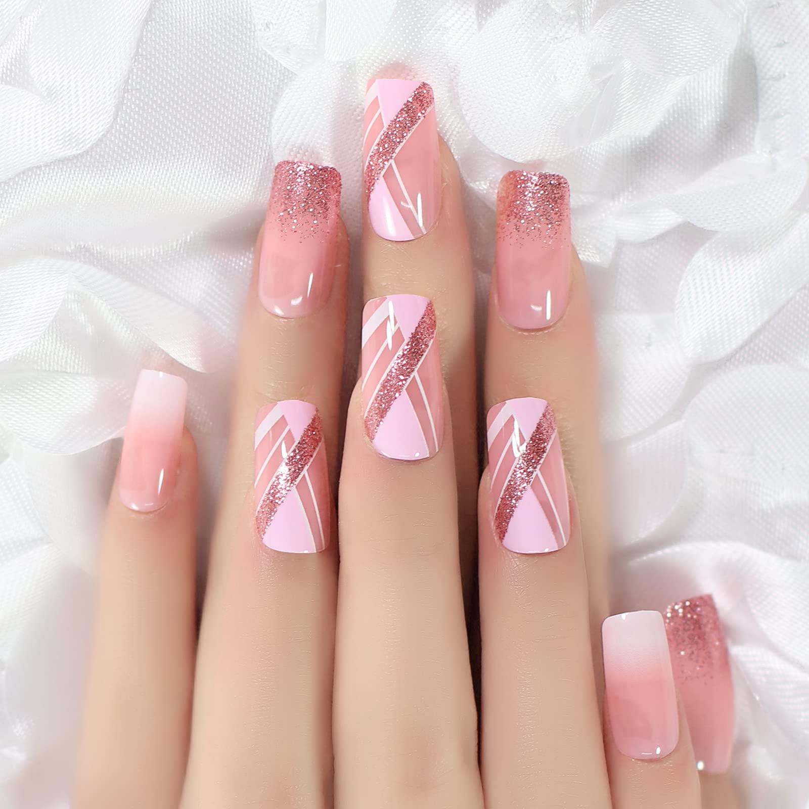 Pink Glitter French Line Geometry False Nails - Medium Square Glossy White Squoval Press On Nails (24 pcs/Kit) for Parties, Weddings & Special Occasions