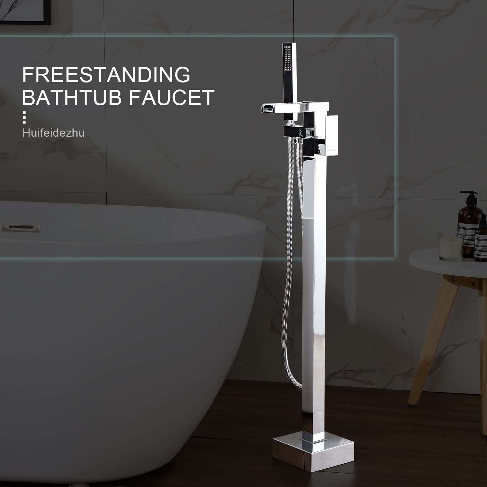 Freestanding Bathtub Faucet with Hand Shower - Chrome Floor Mount Tub Filler with Handheld Sprayer - Solid Brass Single Handle Bathroom Faucet Set for Luxury Soaking Tubs - Perfect for Modern Spa Bathrooms and Master Suite Renovations