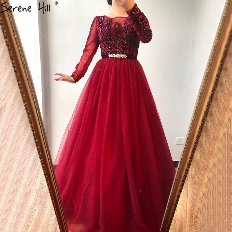 Elegant Wine Red A-Line Tulle Evening Dress with Long Sleeves & Crystal Details - Luxury Formal Gown for Prom, Wedding, or Black Tie Events - Serene Hill Collection 2025 LA70280