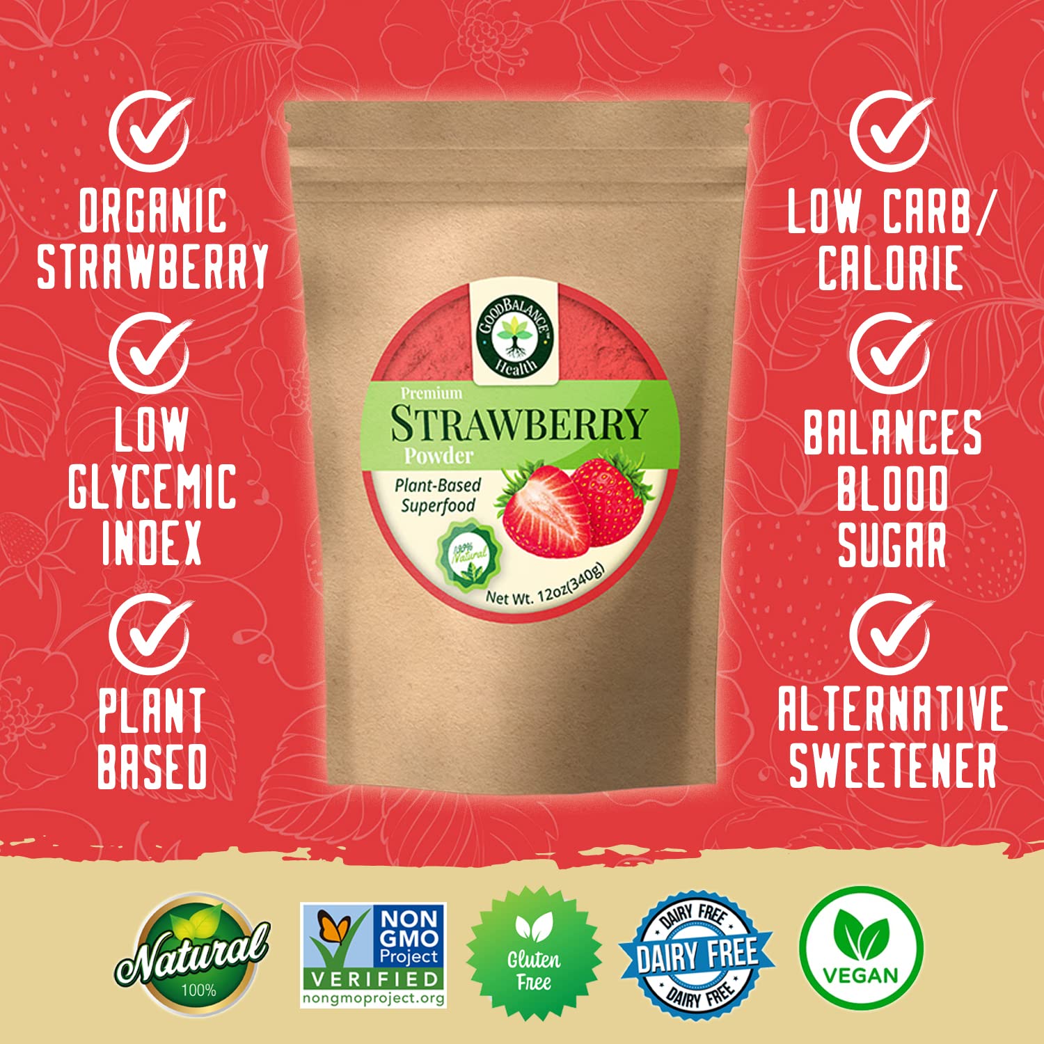 Premium 100% Natural Strawberry Fruit Powder - 12oz Resealable Bag | Non-GMO, Gluten-Free, Vegan | Perfect for Baking, Smoothies, Protein Shakes & Healthy Snacks | No Refined Sugars | Nutritious Flavor Boost for Desserts, Yogurt & Breakfast Bowls