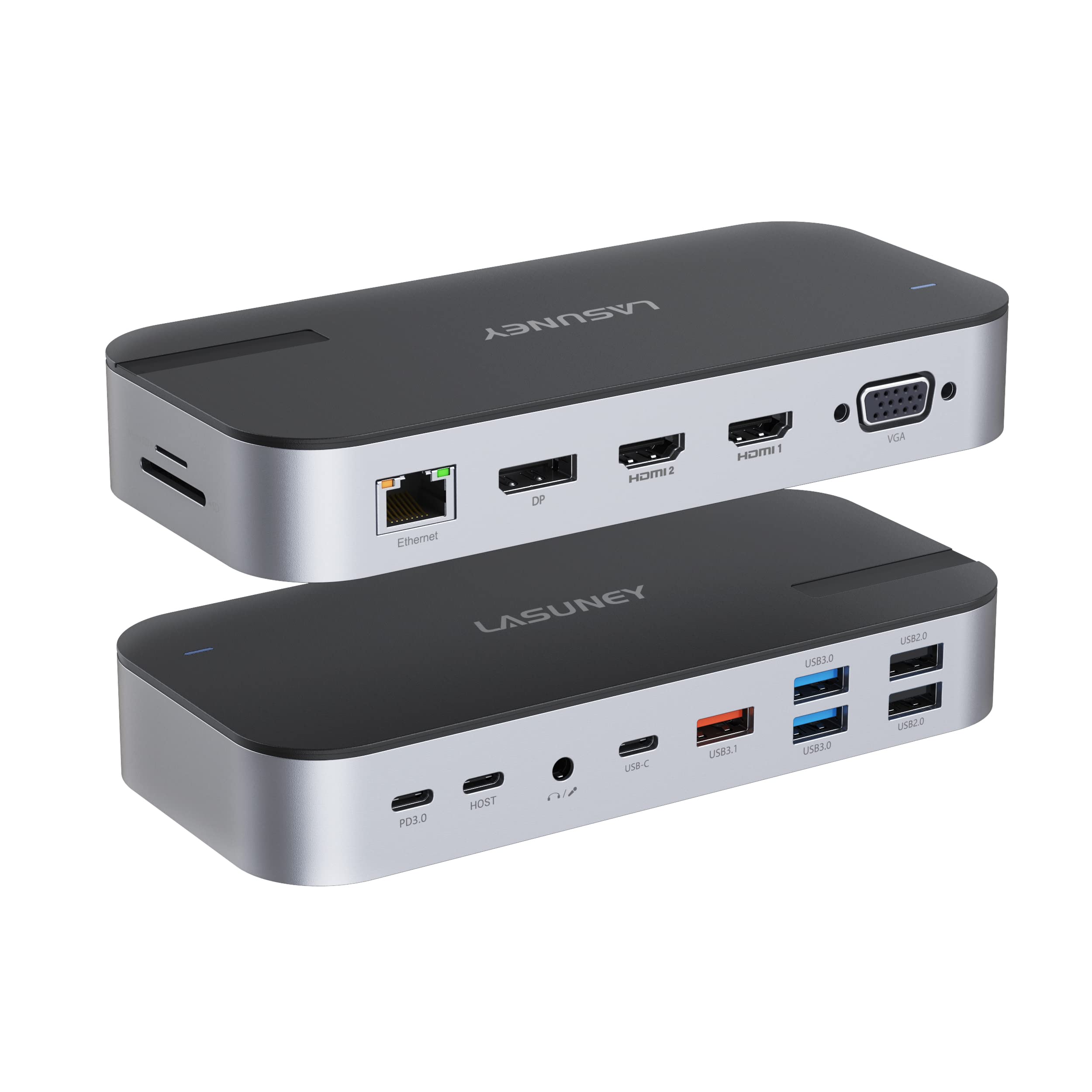 Lasuney 4K Triple Display USB C Docking Station - 15-in-1 Thunderbolt 3 Hub for MacBook Pro/Air & Windows Laptops (Dual HDMI, DP, VGA, USB-C PD Charging, USB 3.0/2.0, Ethernet, SD/TF Card Reader) - Perfect for Home Office, Gaming & Multi-Monitor Setup