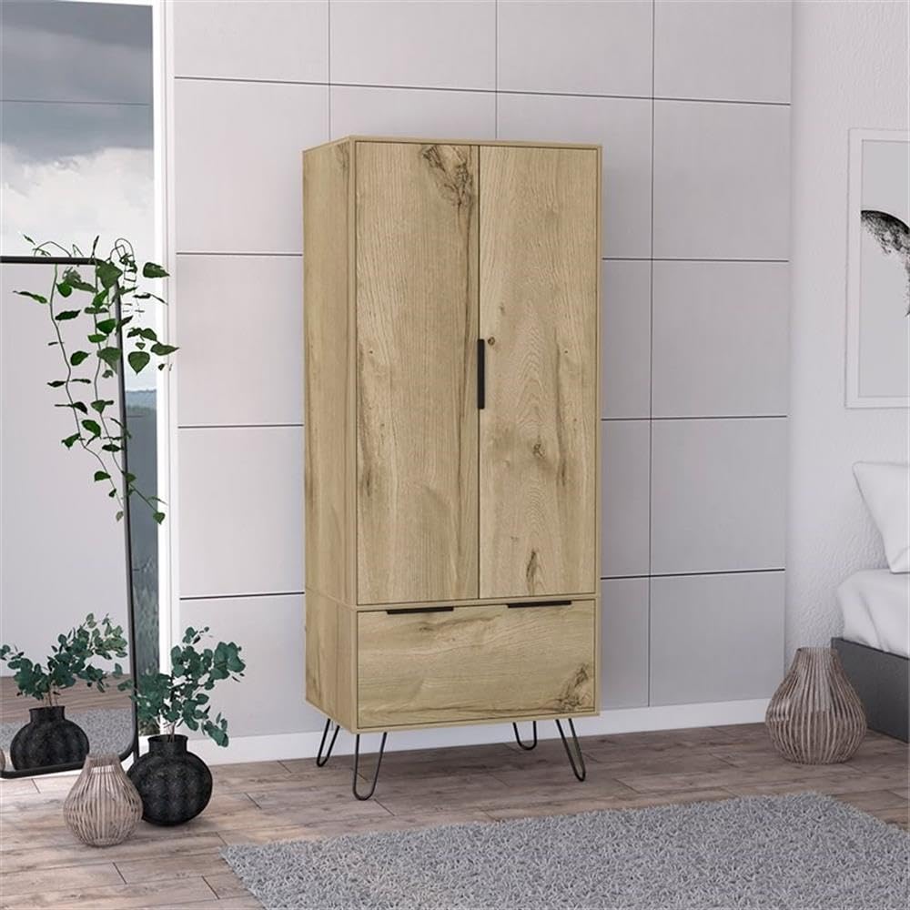 Atlin Designs Light Oak Wood Closet - 2 Door Cabinets & 1 Drawer Storage Organizer for Bedroom, Hallway, or Entryway