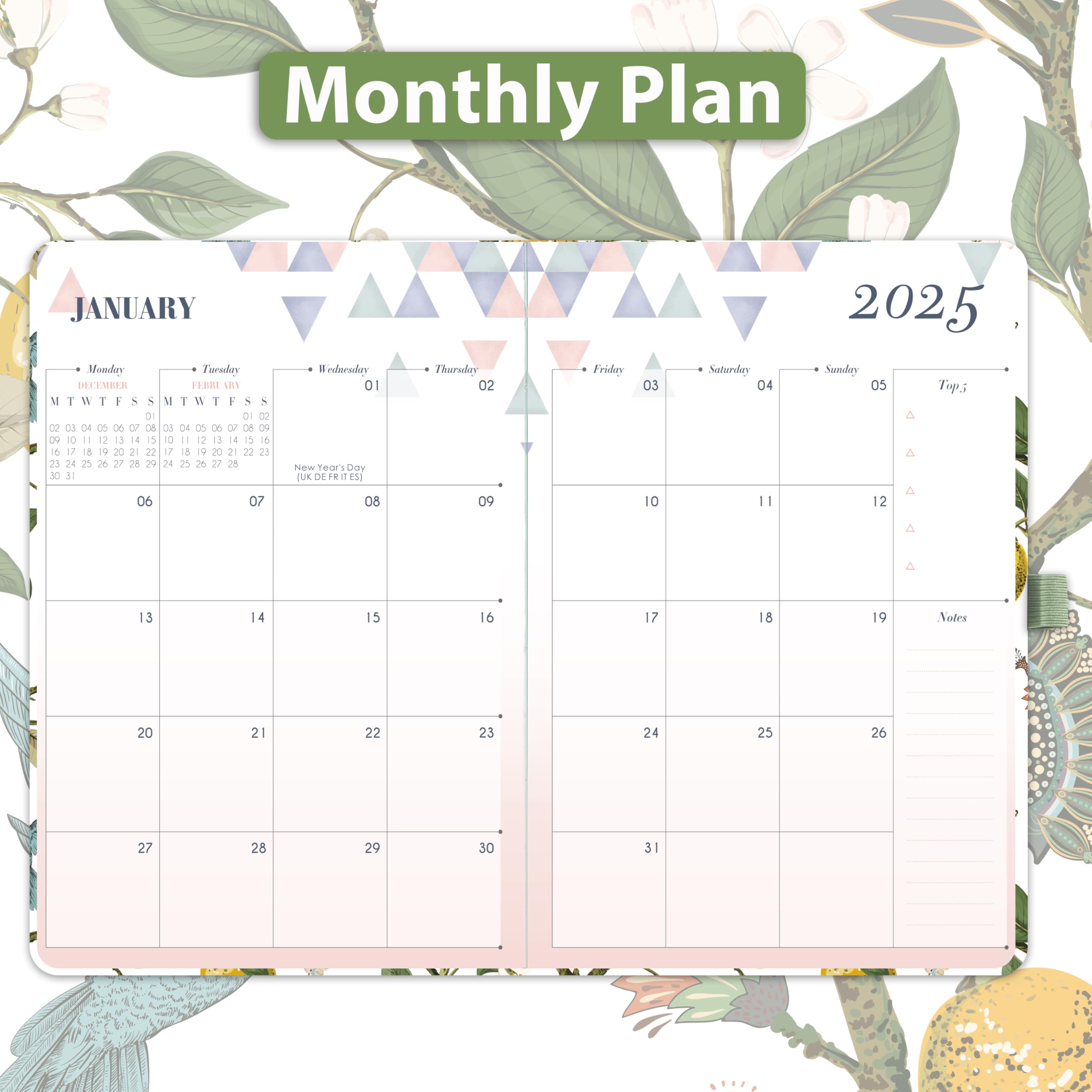 2025 Weekly Planner - Jan 2025 to Dec 2025 Diary with Inner Pocket & Elastic Closure, 8.5