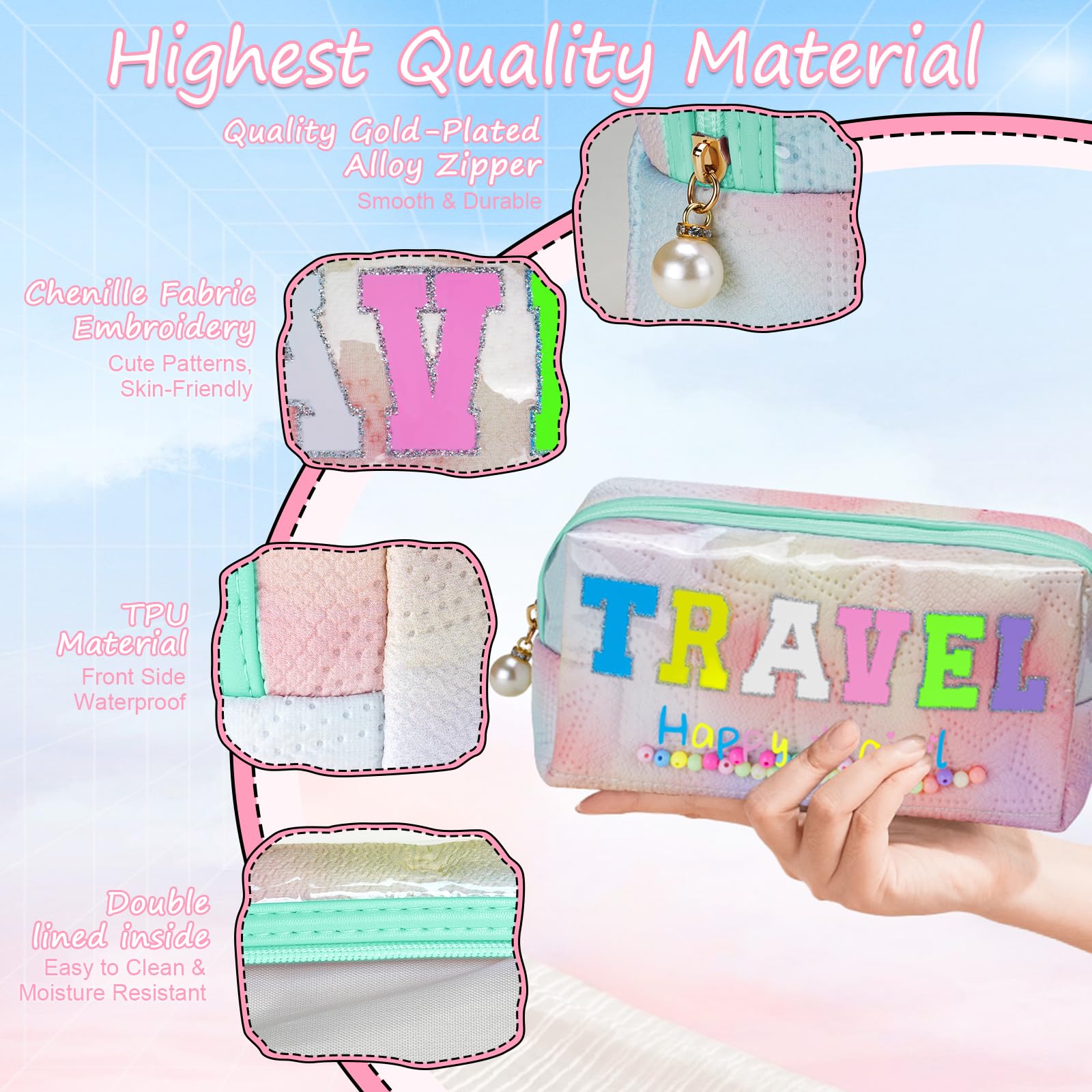 Stylish Colorful Preppy TRAVEL Letter Patch Makeup Bag - Large Capacity Cosmetic Organizer for Women & Girls, Holds More Makeup & Toiletries - Perfect for Daily Use, Travel, Gym & Weekend Getaways
