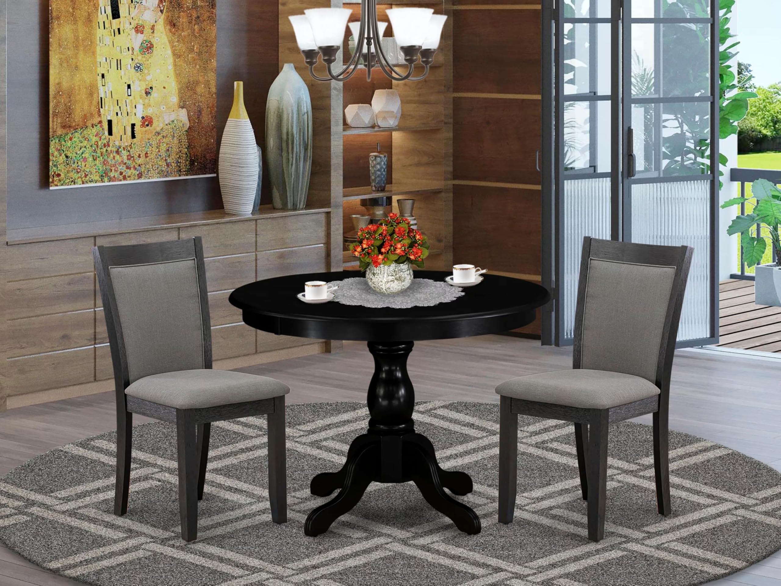 East West Furniture 3-Piece Small Dinette Set - 42x42 Inch Round Pedestal Dining Table with 2 Dark Gotham Grey Linen Upholstered Chairs, Wirebrushed Black Finish | Perfect for Small Spaces, Apartments, Breakfast Nooks & Cozy Dining Areas