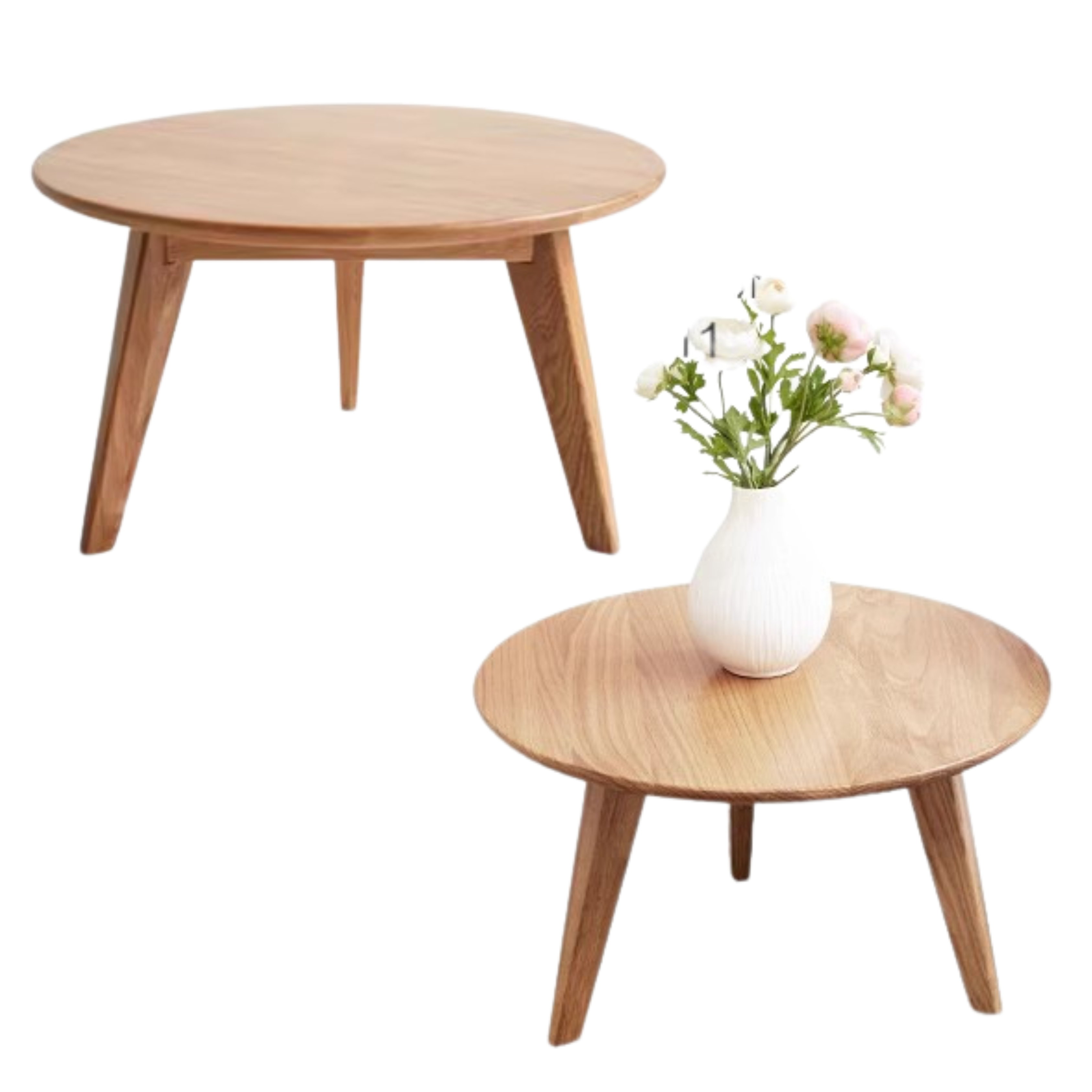 23.6x23.6x13.4 inch / 60x60x35сm + 29.5x29.5x17.7 inch / 75x75x45сm / Natural wood color / Oak wood small round table + large round table