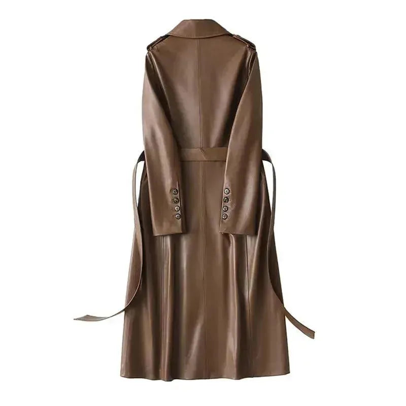 Genuine Leather Women's Trench Overcoat - Waterproof Winter Long Coat with Belt, Classic Elegant Outerwear for Office, Dating & Formal Occasions