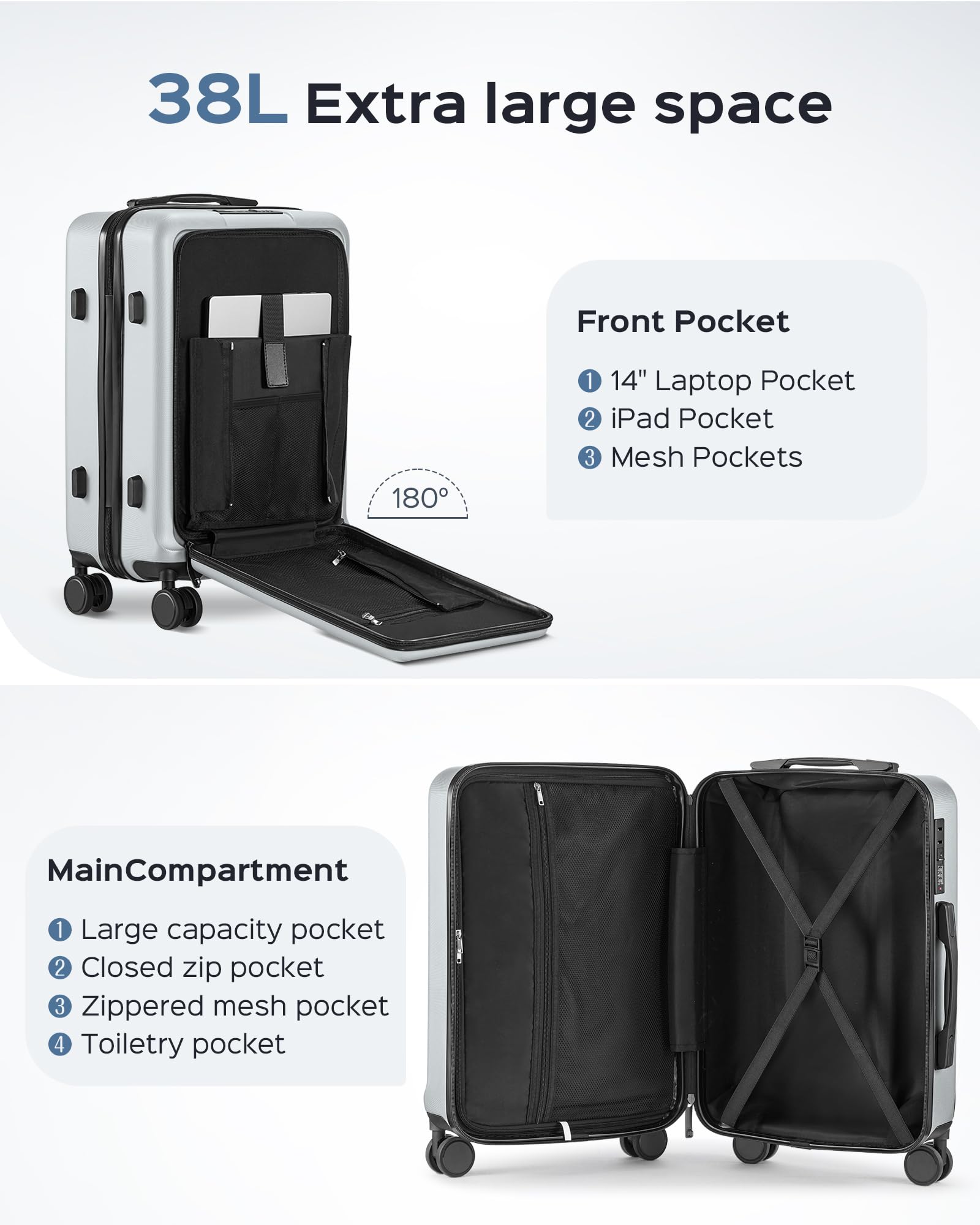Suitour 22x14x9 Inch Carry On Luggage - Airline Approved Hard Shell Spinner Suitcase with Front Pocket & USB Charging Port for Men & Women - Perfect for Business Travel, Weekend Getaways & Airplane Trips