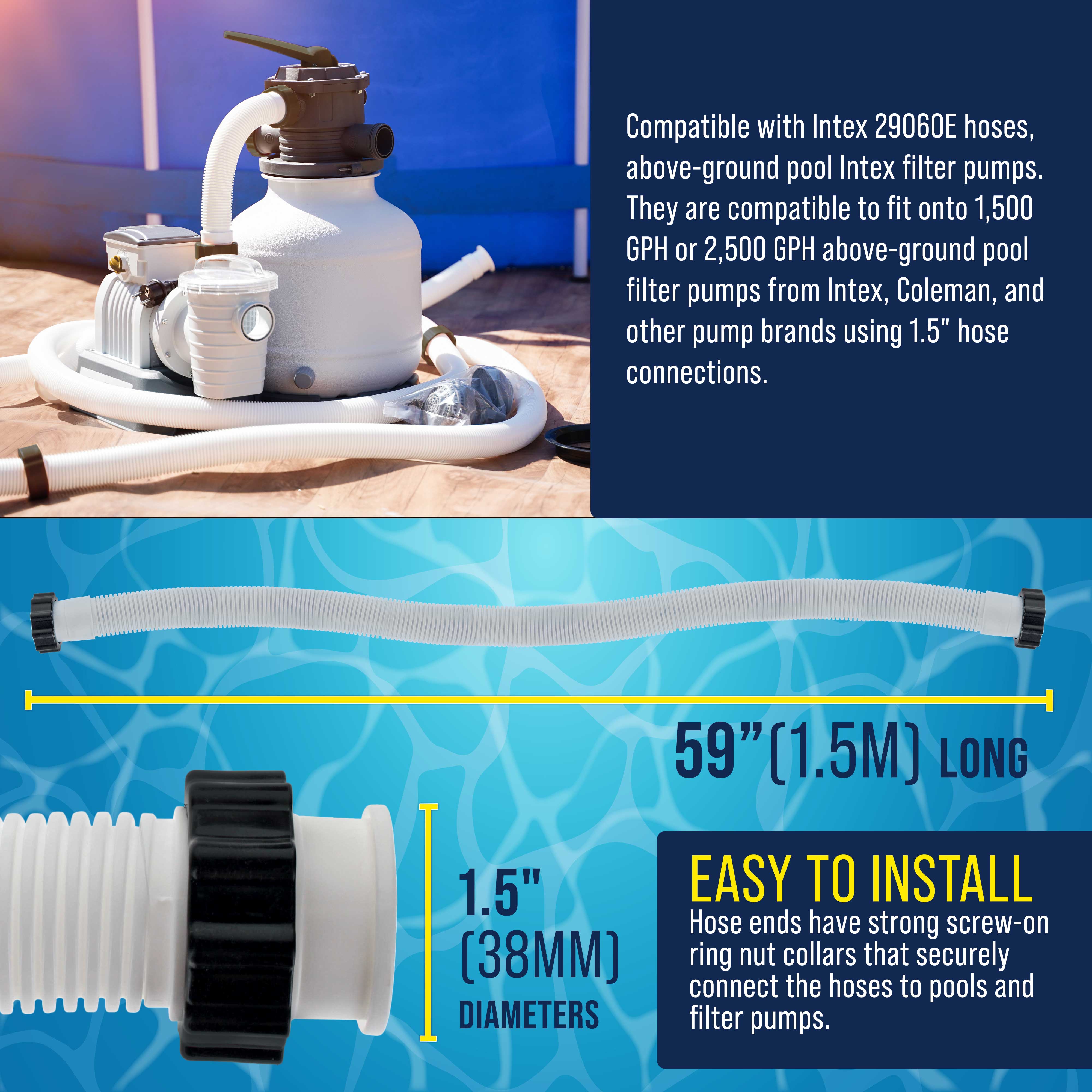 Intex 29060E Compatible Above Ground Pool Hose Replacement - 1.5 Inch Diameter x 59 Inch Long (Pack of 2) for Pool Filter Pumps, Sand Filters & Saltwater Systems (1,500-2,500 GPH) - Perfect for Summer Backyard Swimming Pool Maintenance