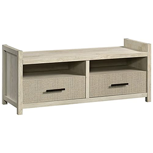 Pemberly Row Wooden Entryway Storage Bench in Chalked Chestnut - Rustic Shoe Bench with Cushion Seat for Hallway, Mudroom & Living Room Organization