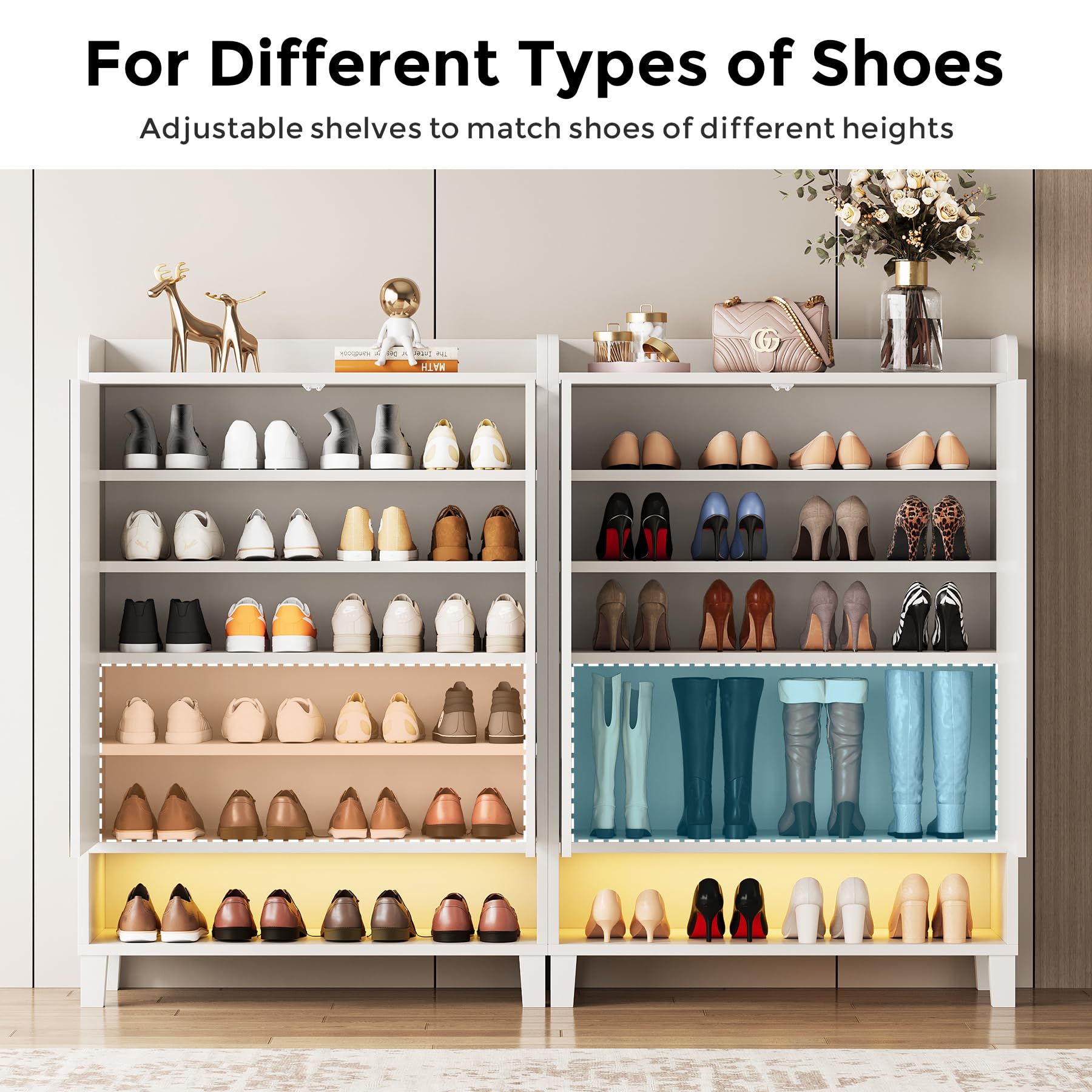 7-Tier Shoe Cabinet with Mirrored Door & LED Light - Adjustable Shelf Freestanding Shoe Storage Organizer for Entryway, Hallway - Modern White Shoe Rack for Home, Apartment, Dorm Organization