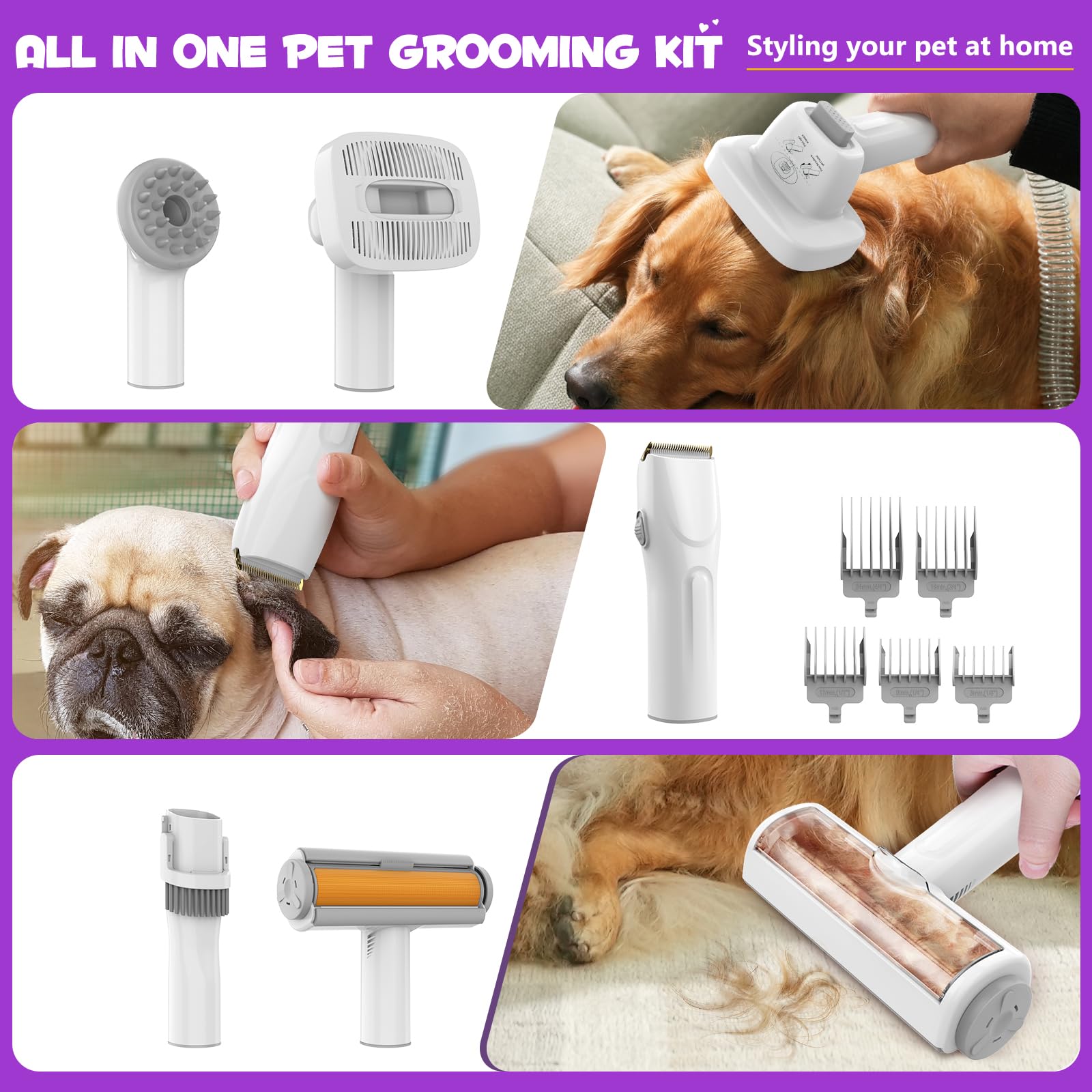 **Professional Dog Grooming Kit & Vacuum – 3L Pet Hair Vacuum with 99% Suction, 5 Grooming Tools & 5 Combs – Quiet Pet Groomer with Hair Roller & Massage Nozzle for Shedding Dogs (White & Purple) – Perfect for Home Grooming & Pet Hair Removal**