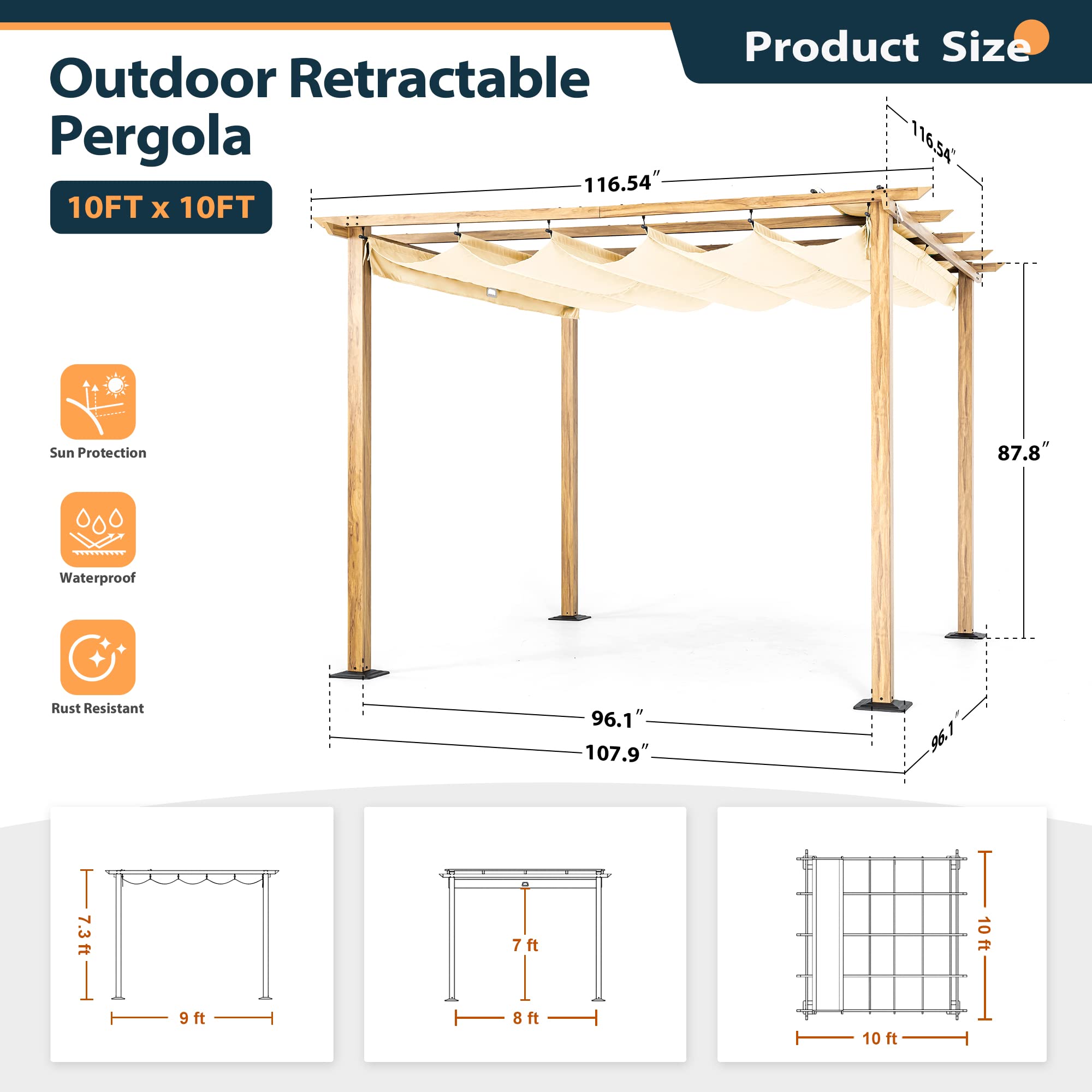 HAPPATIO 10' x 10' Retractable Pergola Canopy - Woodgrain Aluminum Patio Cover with Adjustable Roof for Backyard, Garden, Outdoor Living Space | Includes Anchors & Expansion Screws (Beige) | Perfect for Shade, Entertaining & Relaxation