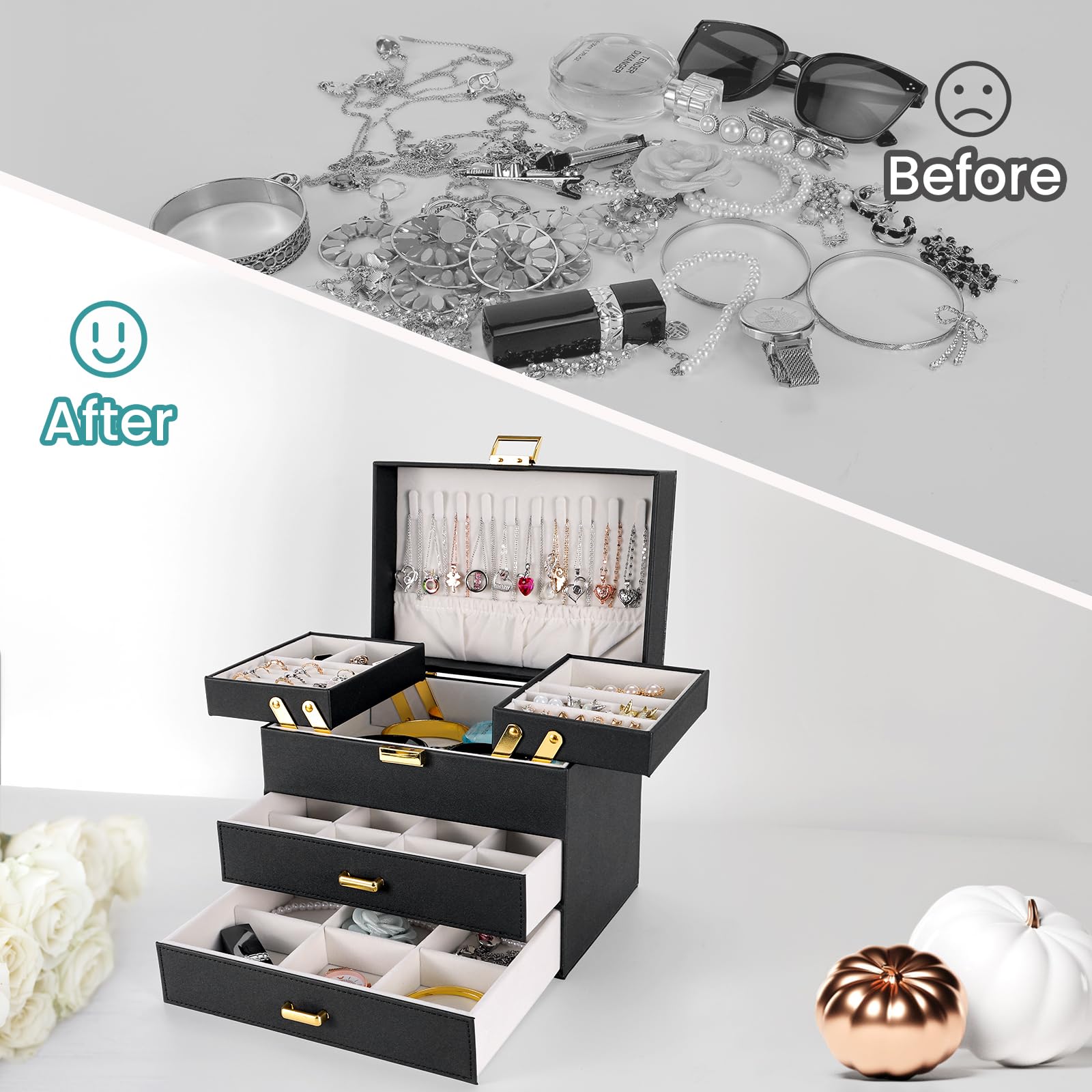 Dajasan 4-Layer Jewelry Box Organizer for Women - Large Jewelry Storage Case for Earrings, Rings, Necklaces & Bracelets - Perfect for Bedroom Vanity, Travel & Gift (Black)