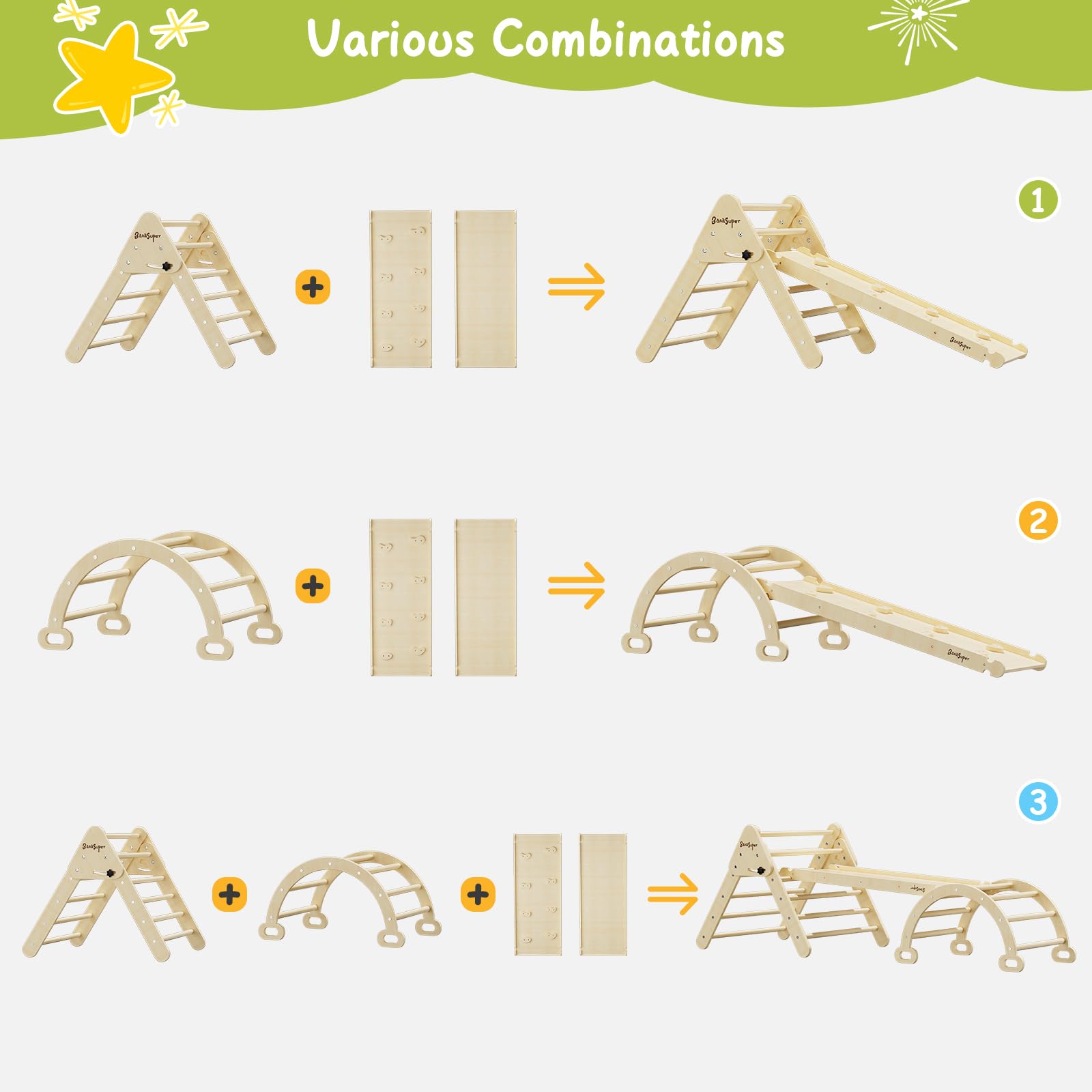 BanaSuper 3-in-1 Foldable Wooden Climbing Triangle Set with Ramp & Arch - Montessori Toddler Climbing Gym for Indoor & Outdoor Play - Perfect Gift for Boys & Girls - Ideal for Playrooms, Backyards, and Preschools
