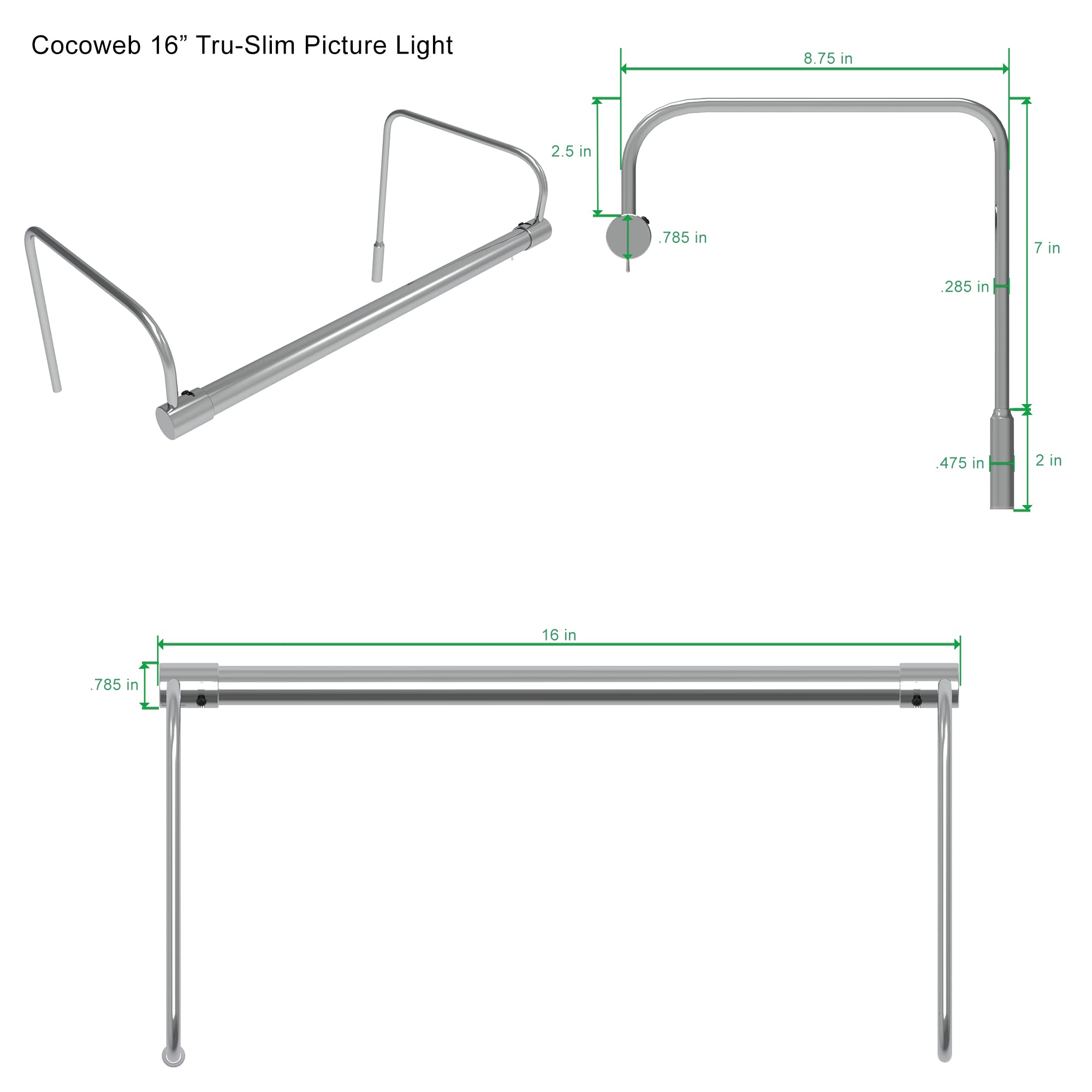 Cocoweb 16 Inch Tru-Slim Chrome LED Picture Light - Adjustable Arm, 2700K Warm White, Plug-in with Toggle Switch, Sleek Compact Design - Perfect for Artwork, Paintings, and Wall Decor Illumination