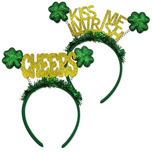 2 Pack St Patrick's Day Headbands - Green Glitter Shamrock Hair Accessories for Women, Men & Kids - Sparkling Sequin Party Head Boppers - Perfect for St Patrick's Day Festivals, Parades, Themed Parties & Irish Celebrations