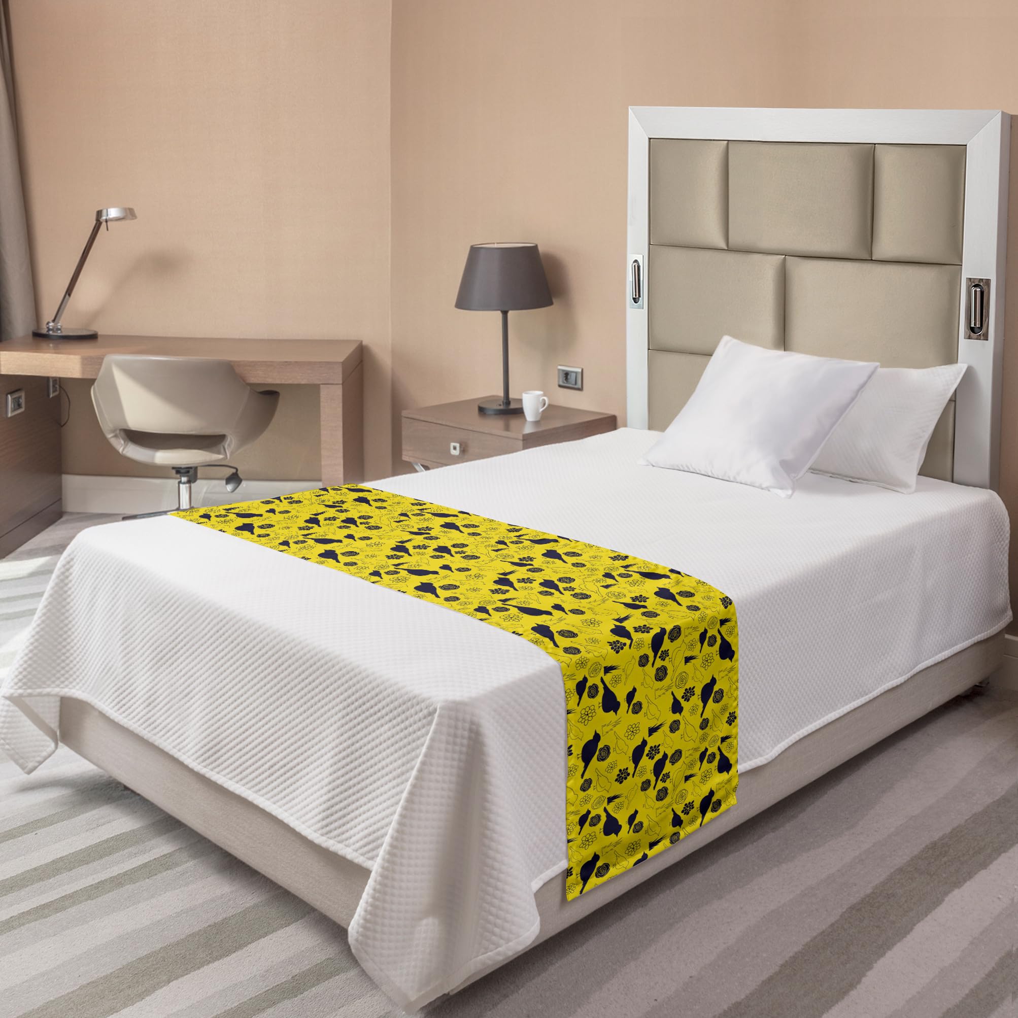 Ambesonne Yellow Bird Bed Runner - Floral Silhouette Design for Hotels & Homes