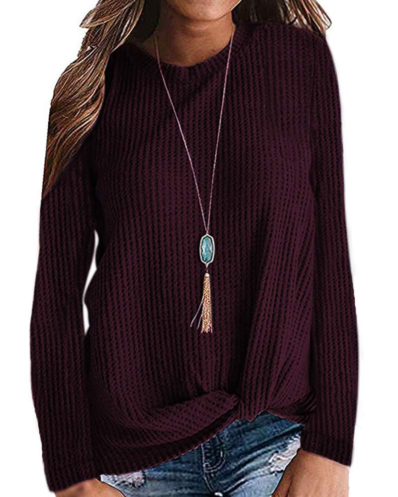 MISFAY Women's Casual Long Sleeve Twist Knot Waffle Knit Shirt - Cute Blouse for Fall & Winter, Perfect for Office, Date Night and Everyday Wear