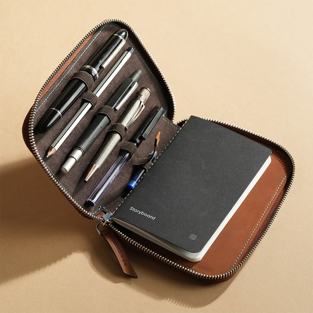 Premium Leather Adjustable 5-Pen Pouch - Brown Organizer for Writers, Students & Professionals - Perfect for Office, School & Travel Use
