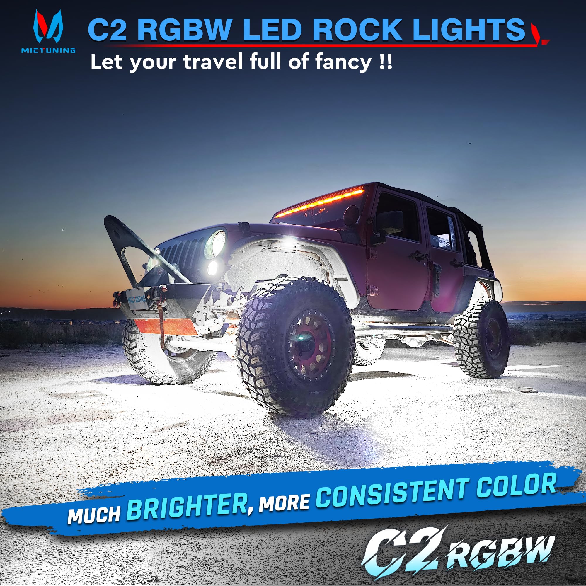 MICTUNING C2 Curved RGBW LED Rock Lights - 16 Pods Underglow Multicolor Neon Light Kit with Bluetooth APP Control & Wiring Switch - Perfect for Off-Road Trucks, Jeeps, ATVs & Car Customization