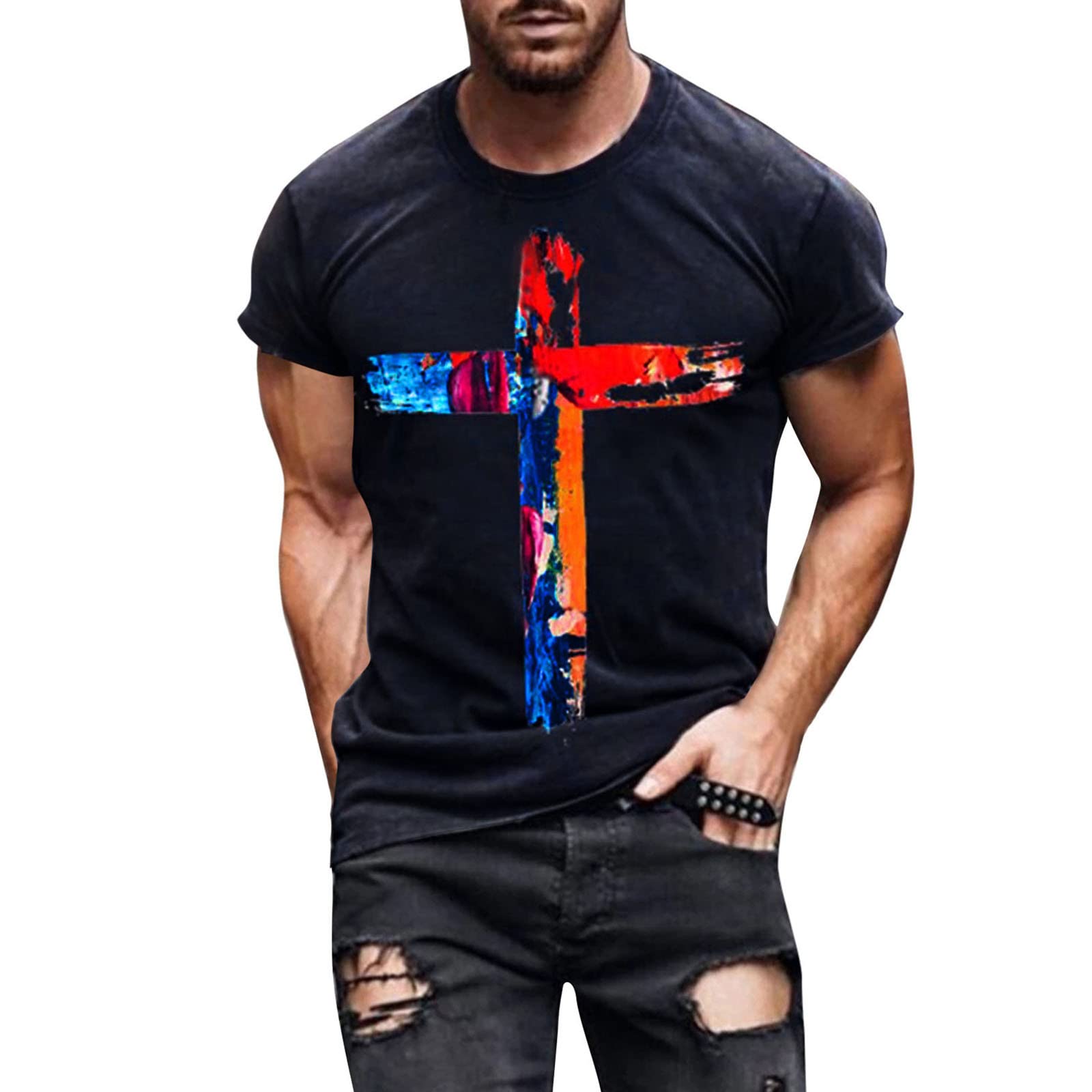 ZDFER Men's Short Sleeve T-Shirt - Faith Jesus Cross Print Athletic Crewneck Tee for Workout & Streetwear | Spring Summer Casual Wear